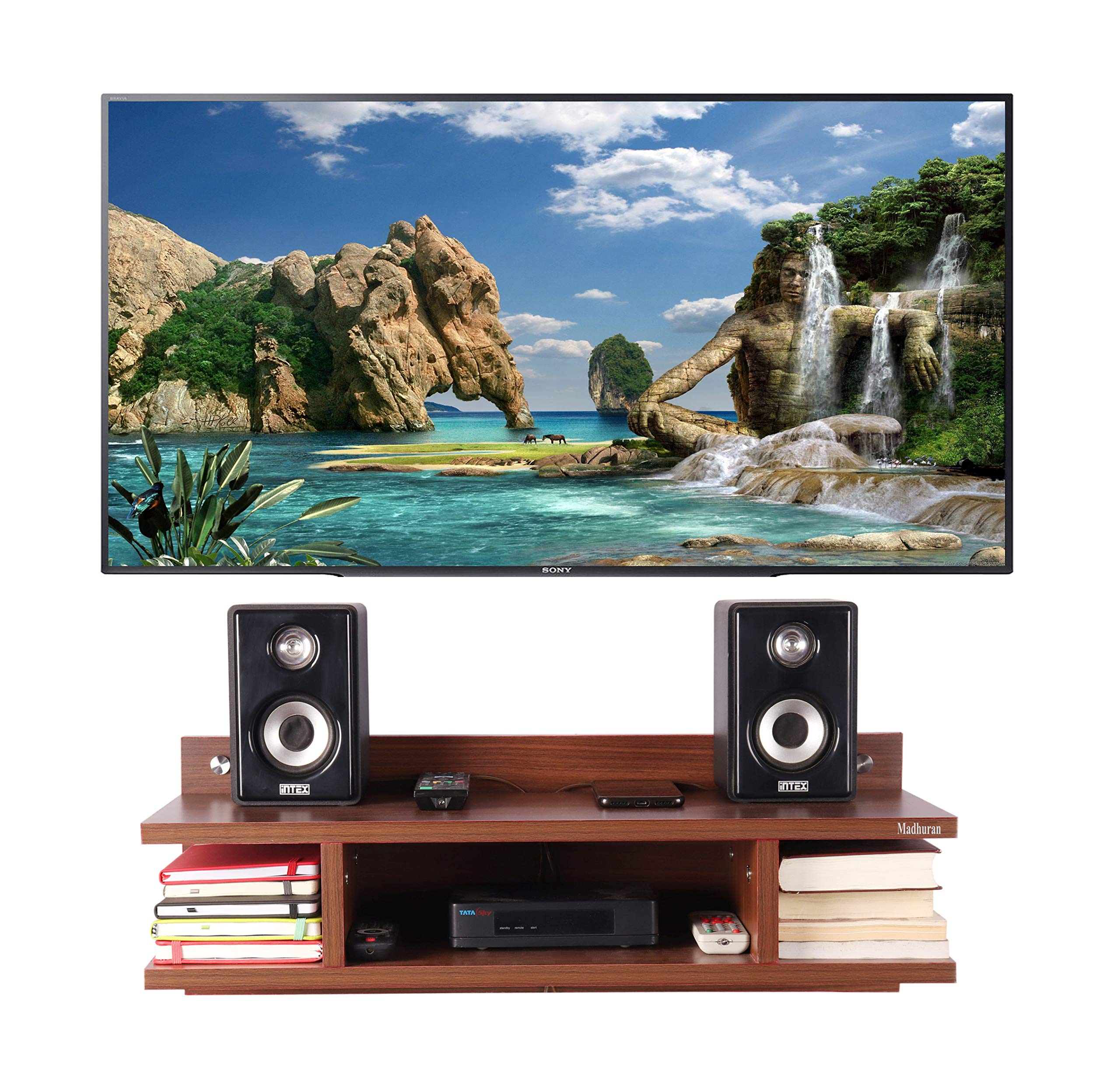 Madhuran Mini Engineered Wood Wall Mounted Tv Entertainment Unit with Storage Shelf (Walnut Finish) Living Room Bedroom Setup Box Stand Showpiece Organiser-image-37