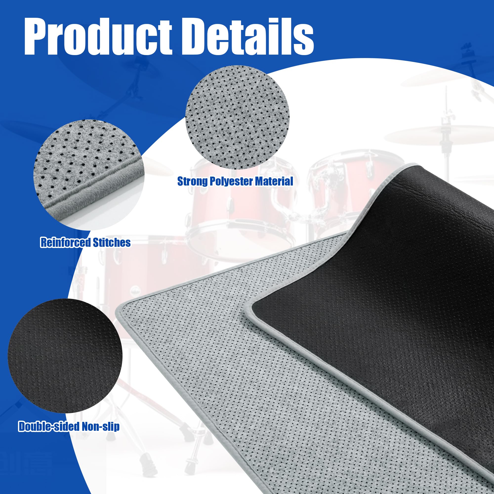 BALAPET Alfombra de tambor de 4 x 6 pies, antideslizante en ambos lados, alfombrilla de piso de tambor insonorizada para batería eléctrica, accesorios de regalo para bateristas (gris)