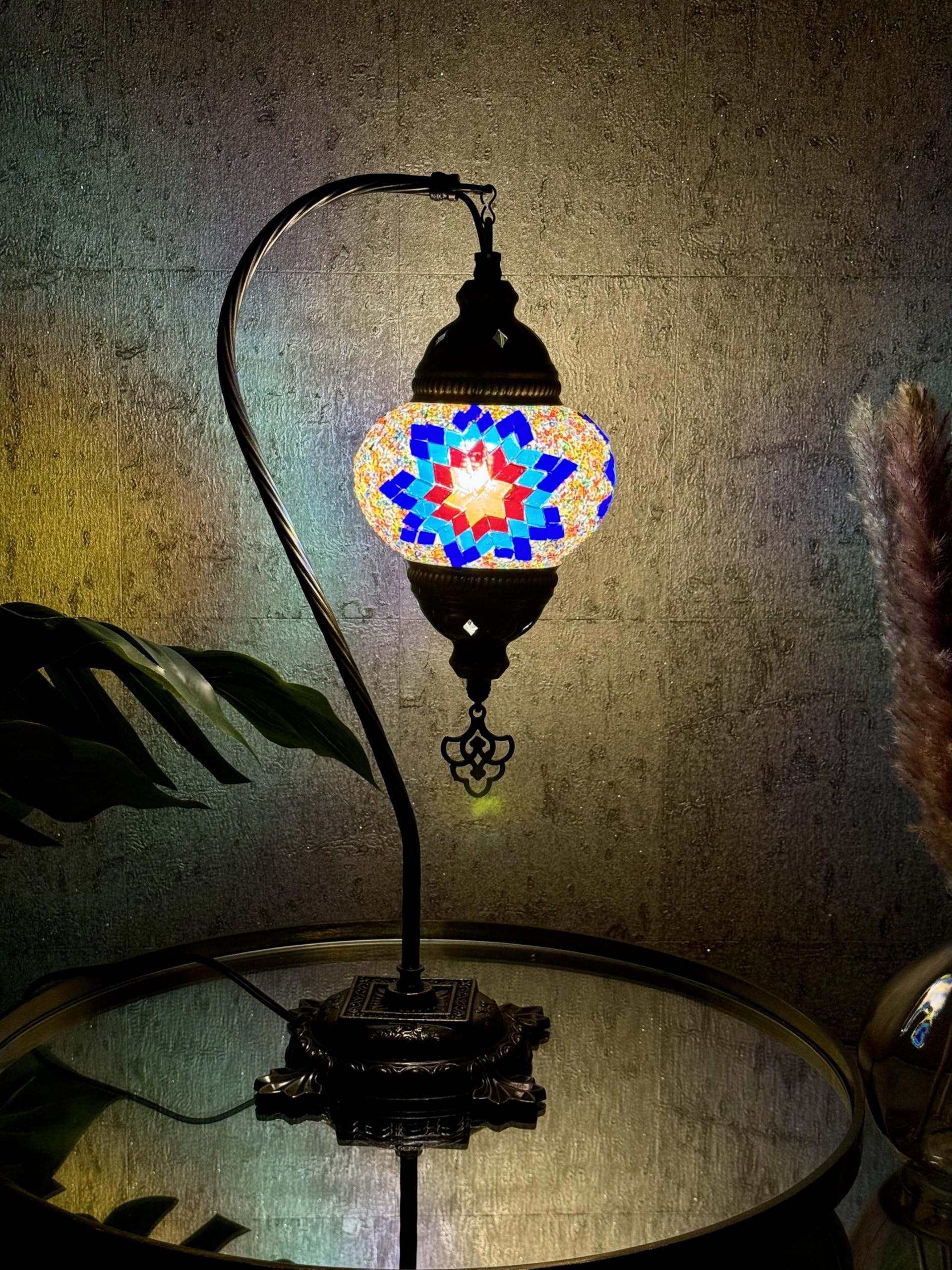 Lightza Handmade Turkish Moroccan Mosaic Desk Lamp LED Bulb | Swan Neck Unique Globe Lampshade Table Light | UK Tested Safe Energy Efficient (Multi Color Big Flower) — image 1