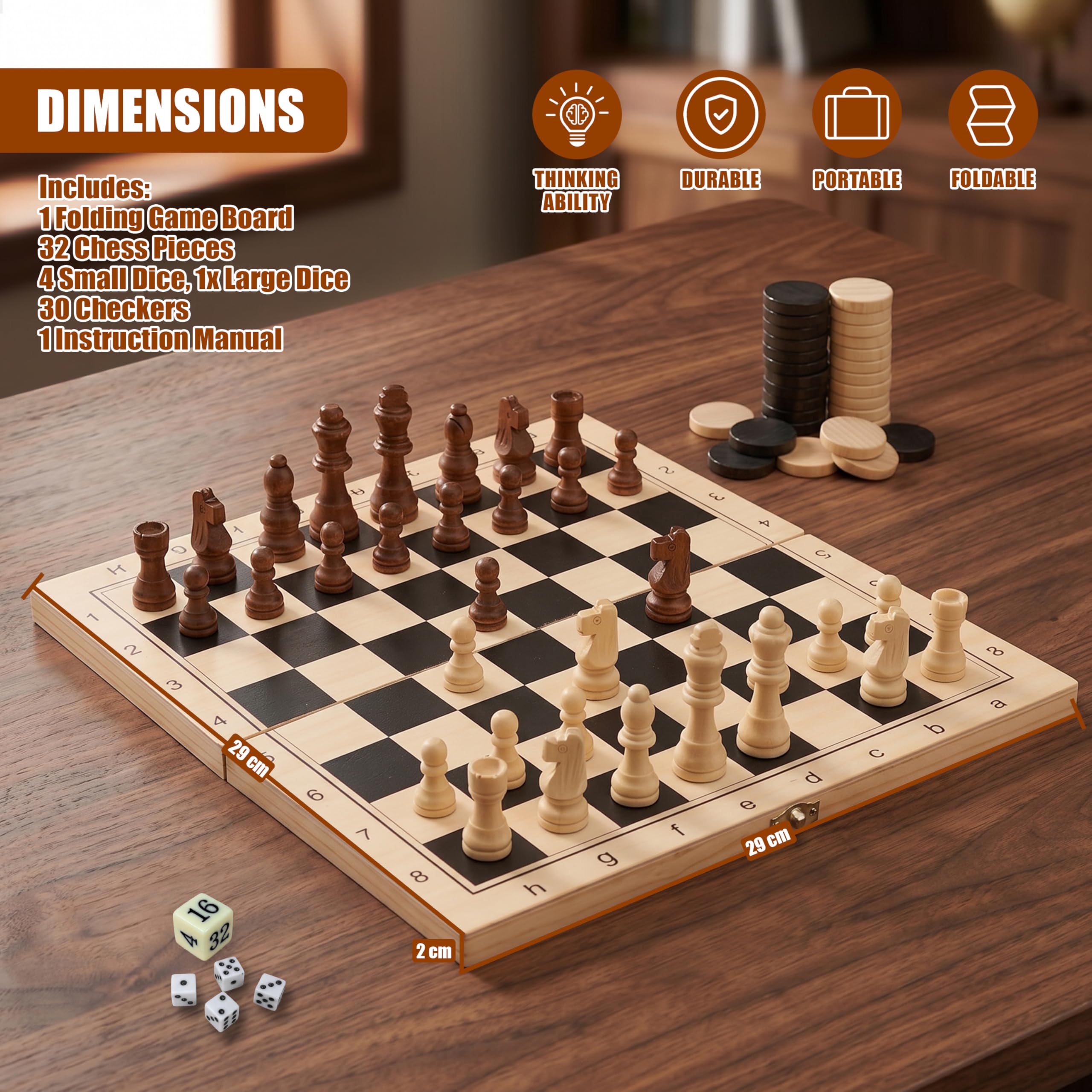 MTS Holzbrettspiel 3 in 1 3 in 1, Kompendium Reisespiele, Schach Backgammon, Damenspiel