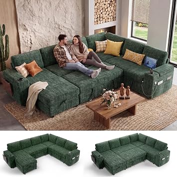 WEUP 111" Modular Sectional Sleeper Sofa with Pull Out Bed, 7 Seat Chenille L Shaped Couch with Storage Chaise|USB Ports|Cup Holders|Side Table|Storage Armrests, Tool Free Assembly, Green