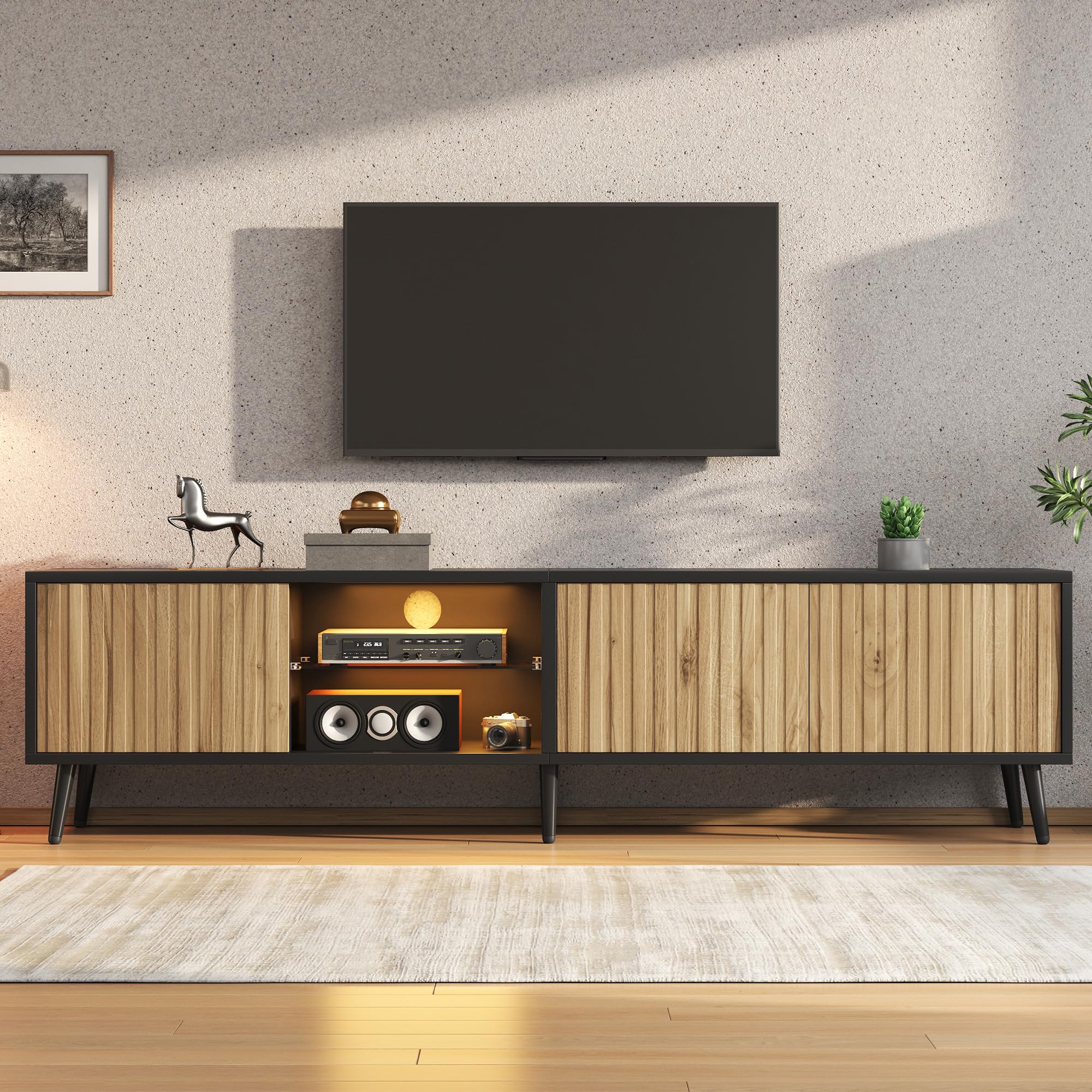 Mobile TV in legno naturale 175 cm - Mobile basso con portaoggetti LED e vetro temperato - grande mobile TV per schermo piatto da 75 pollici - Soggiorno moderno