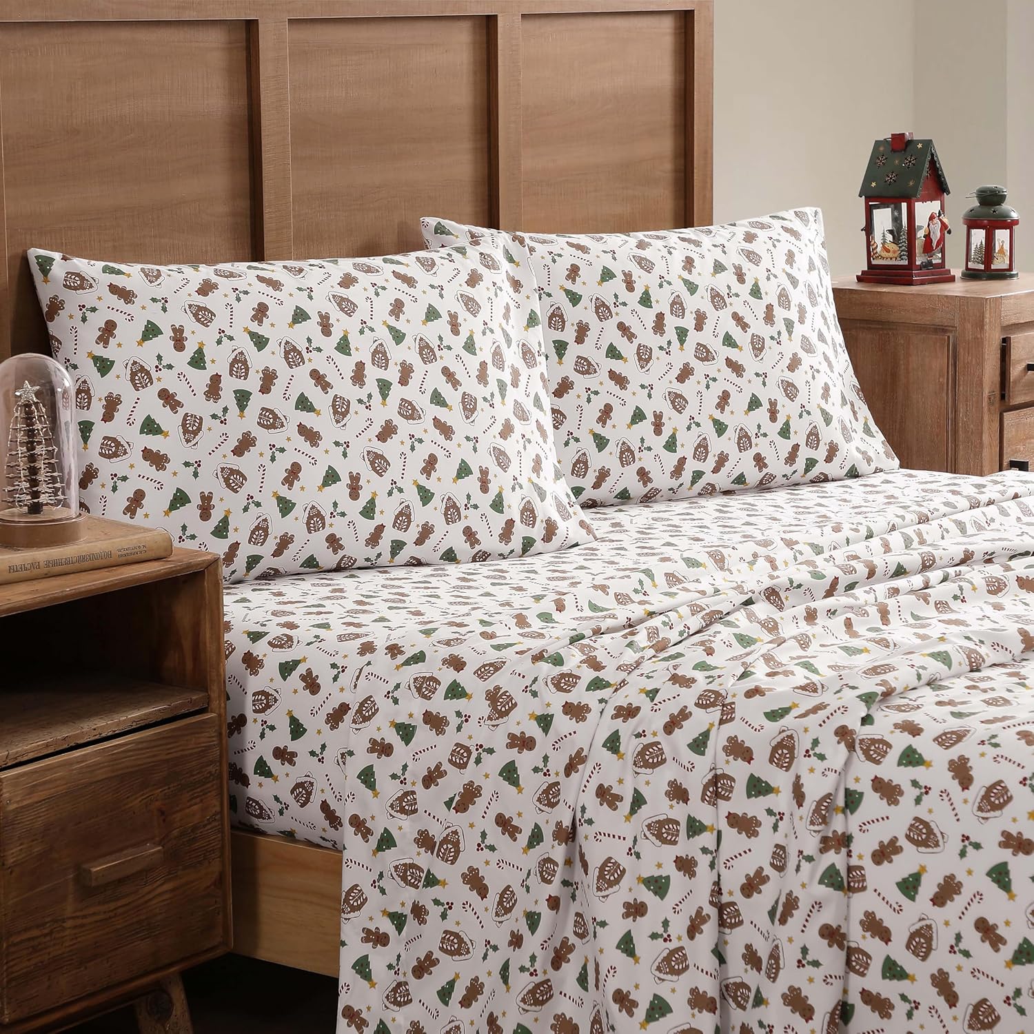 4-Piece Christmas Holiday Gingerbread Deep Pocket Microfiber Bed Sheet Set, King