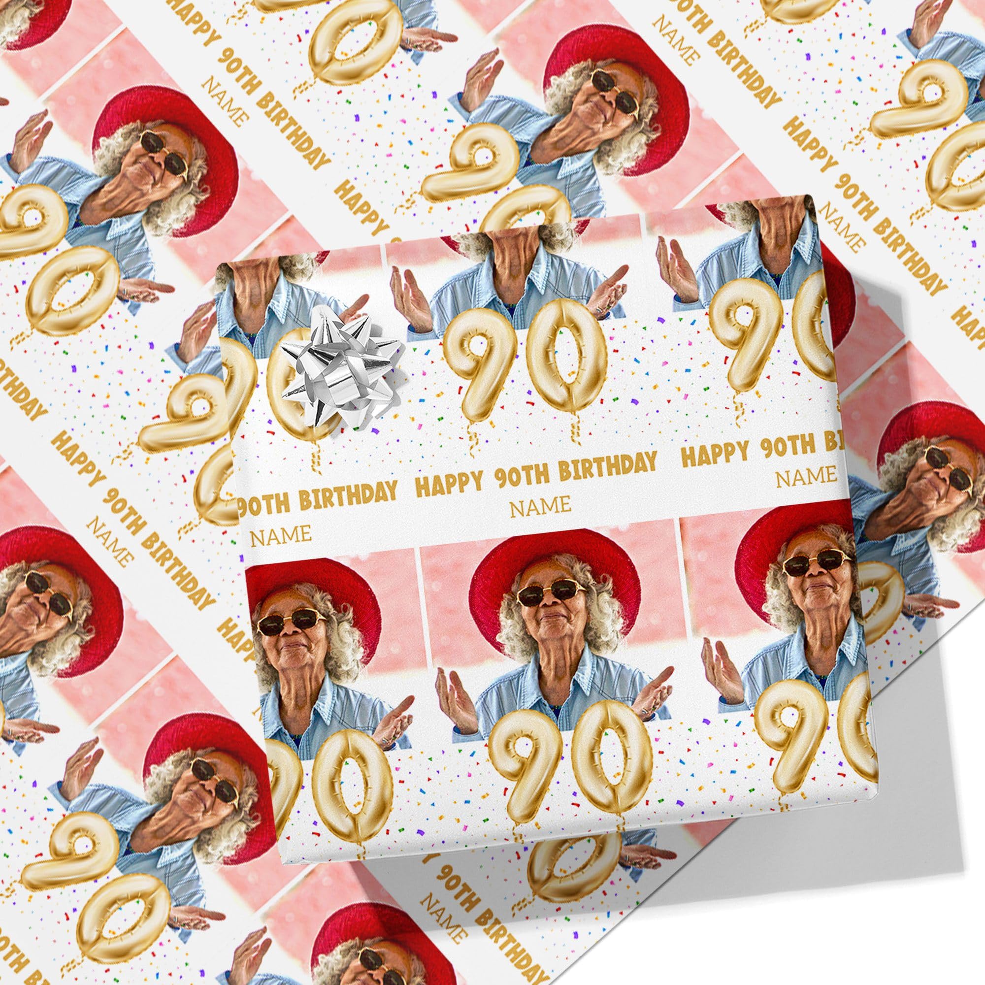 Printster 90th Milestone Birthday Balloons Personalised Wrapping Paper - Add Any Name and Photo-90-2m Roll - 594mm x 2000mm