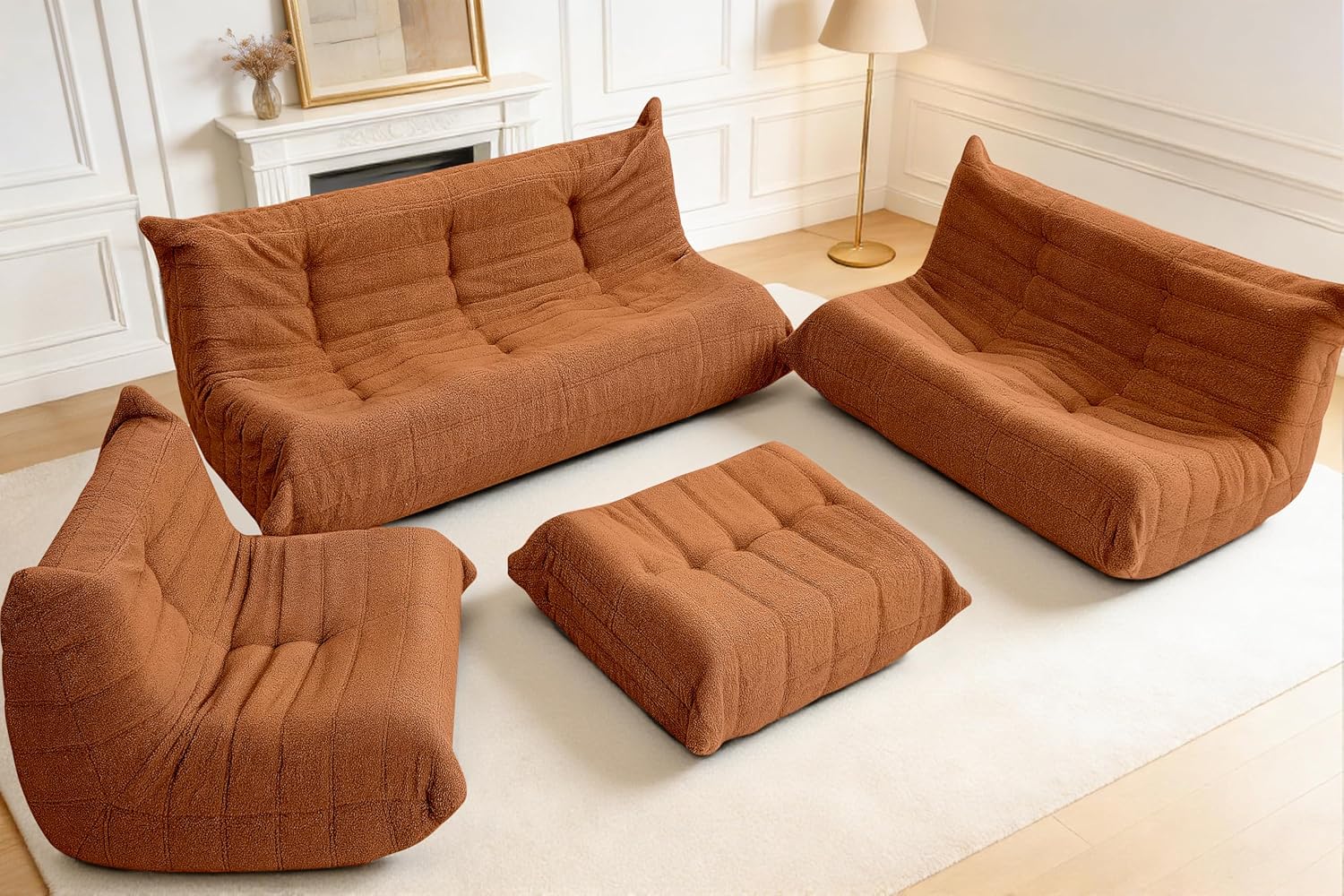 Bean Bag Pouf Ottoman, Foot Stool, Foot Rest with Memory Foam Filled, Rectangle Ottoman for Living Room, Bedroom, Office, Brown Teddy