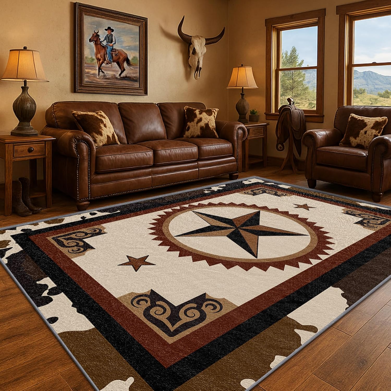 Western Rugs for Bedroom - Texas Star Rug, 2x3 Rug, Cowboy Cowhide Pattern Area Rugs, Vintage Southwest Farmhouse Door Mat, Washable & Non Slip & Soft Small Carpet Home Decor