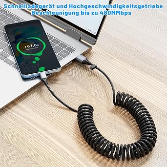 Spring 1.6m Retractable USB-C to USB-A Fast Charging Cable for Car - Compatible with Samsung Galaxy S10 S9 S8 Plus Note 9, Moto Z, LG5/G6/V20 and USB-C Devices (Black)