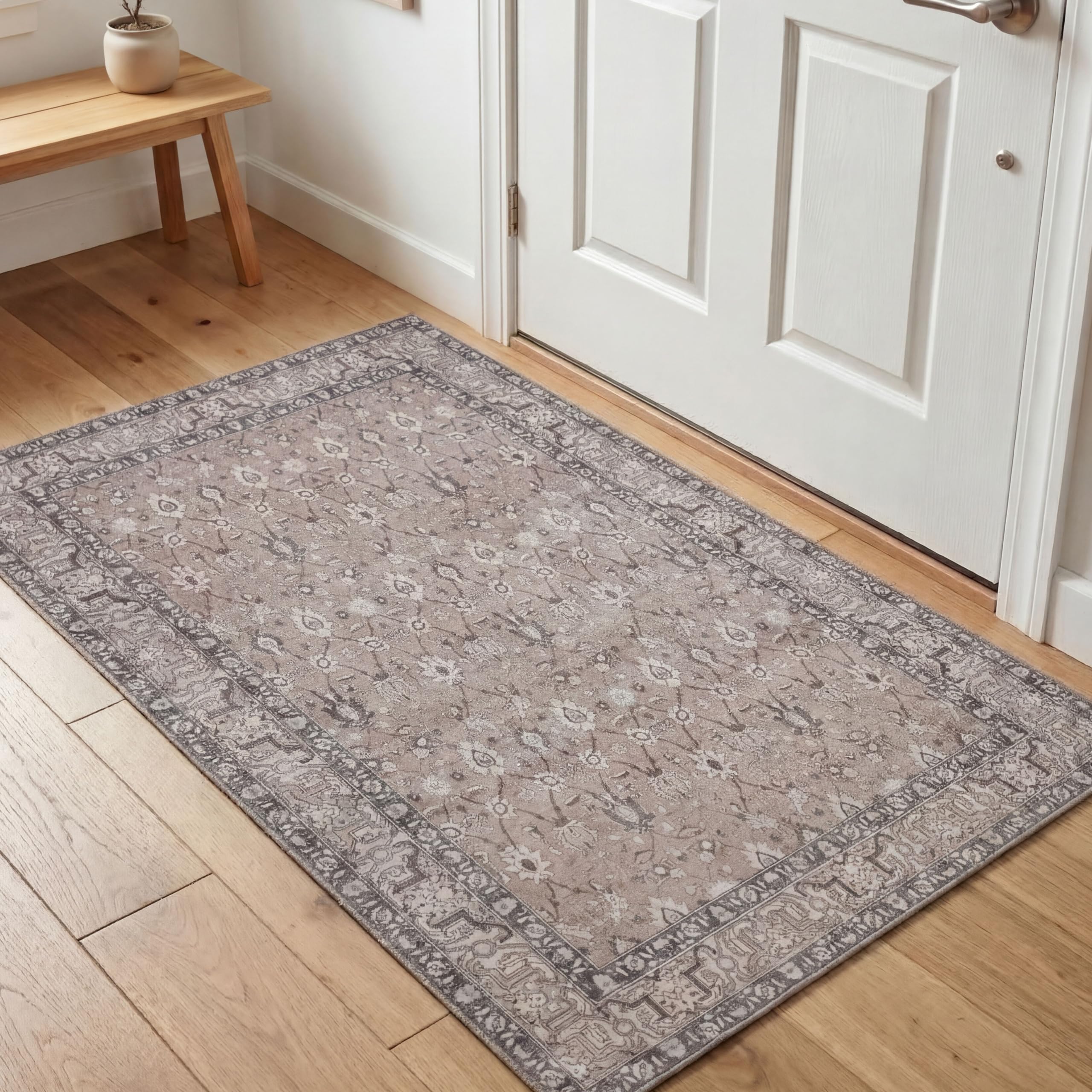 Kuden 3x5 Small Rug, Machine Washable, Non-Slip Backing, Vintage Style, Soft, Low Pile, Area Rugs for Entryway Kitchen Indoor Entrance