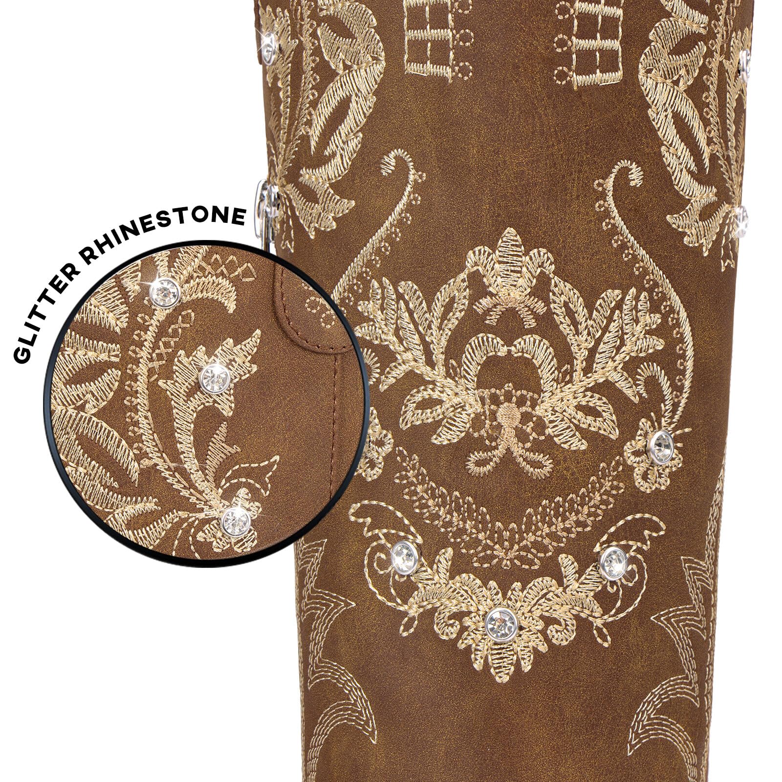 Stivali da cowboy da donna, stivali da cowgirl larghi al polpaccio alti al ginocchio, stivali da cowgirl con strass scintillanti glitterati con ricamo classico, stivali retrò a punta con