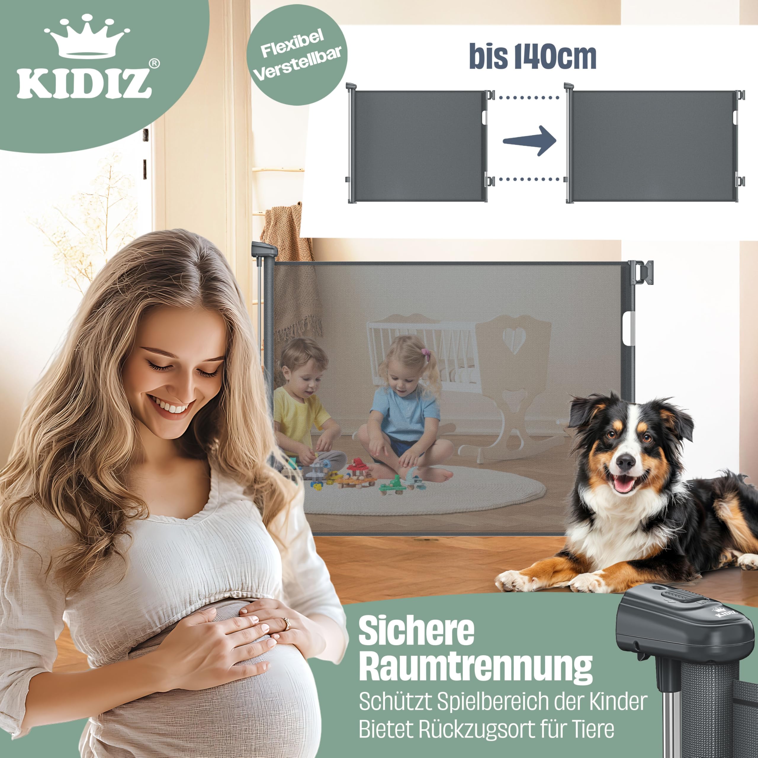 KIDIZ® Rejilla protectora para escaleras, extensible, 0 – 140 cm, rejilla de seguridad para niños para bebés y mascotas, rejilla de protección para escaleras y puertas, incluye anclaje al suelo y