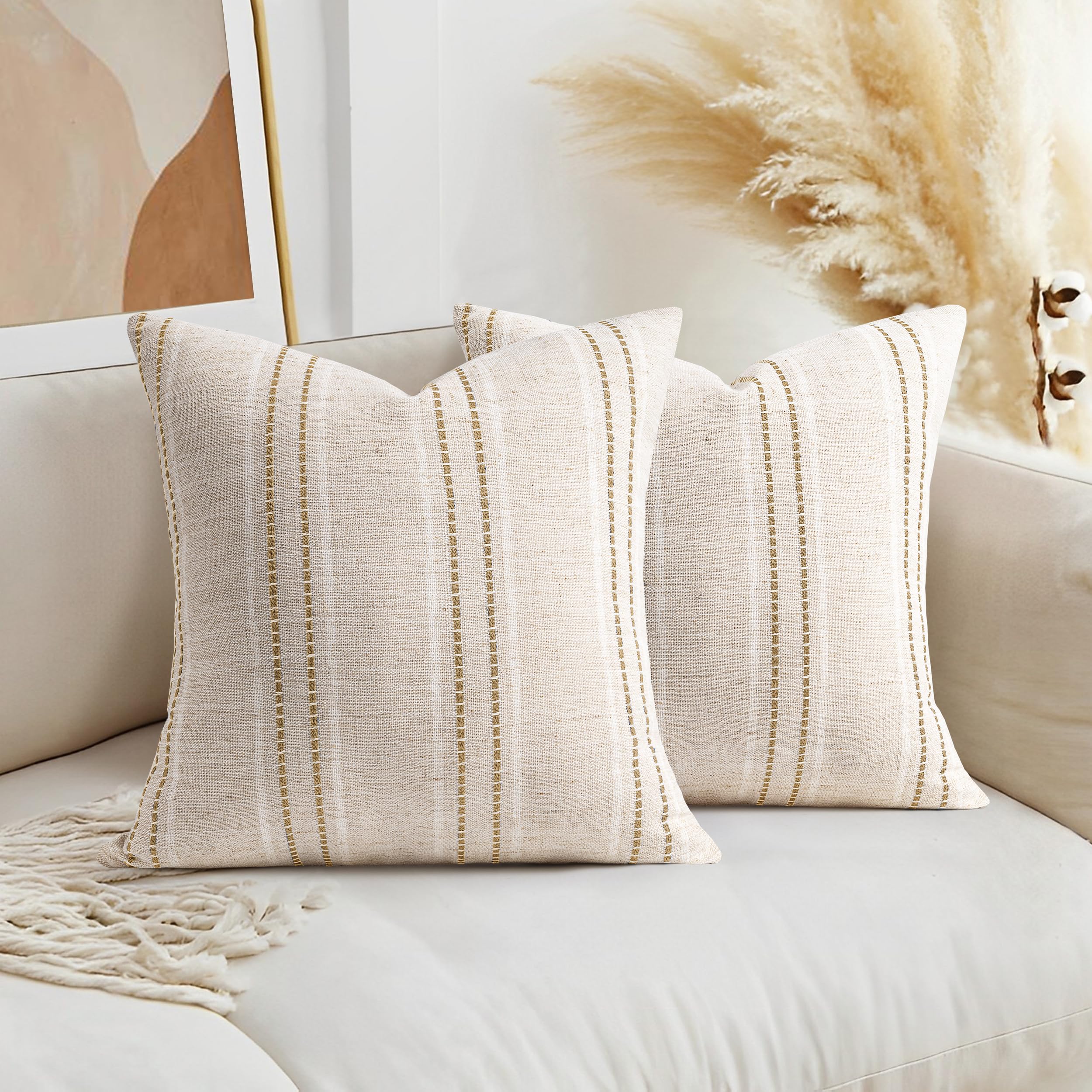 Aels Beige With White & Brown 16X16 Decorative Farmhouse Linen Throw Pillow Covers, Boho Textured Pillow Case, Set Of 2, Stitch Yarn Dyed Stripe Cushion Cover For Sofa Couch Living Room (Cover Only)