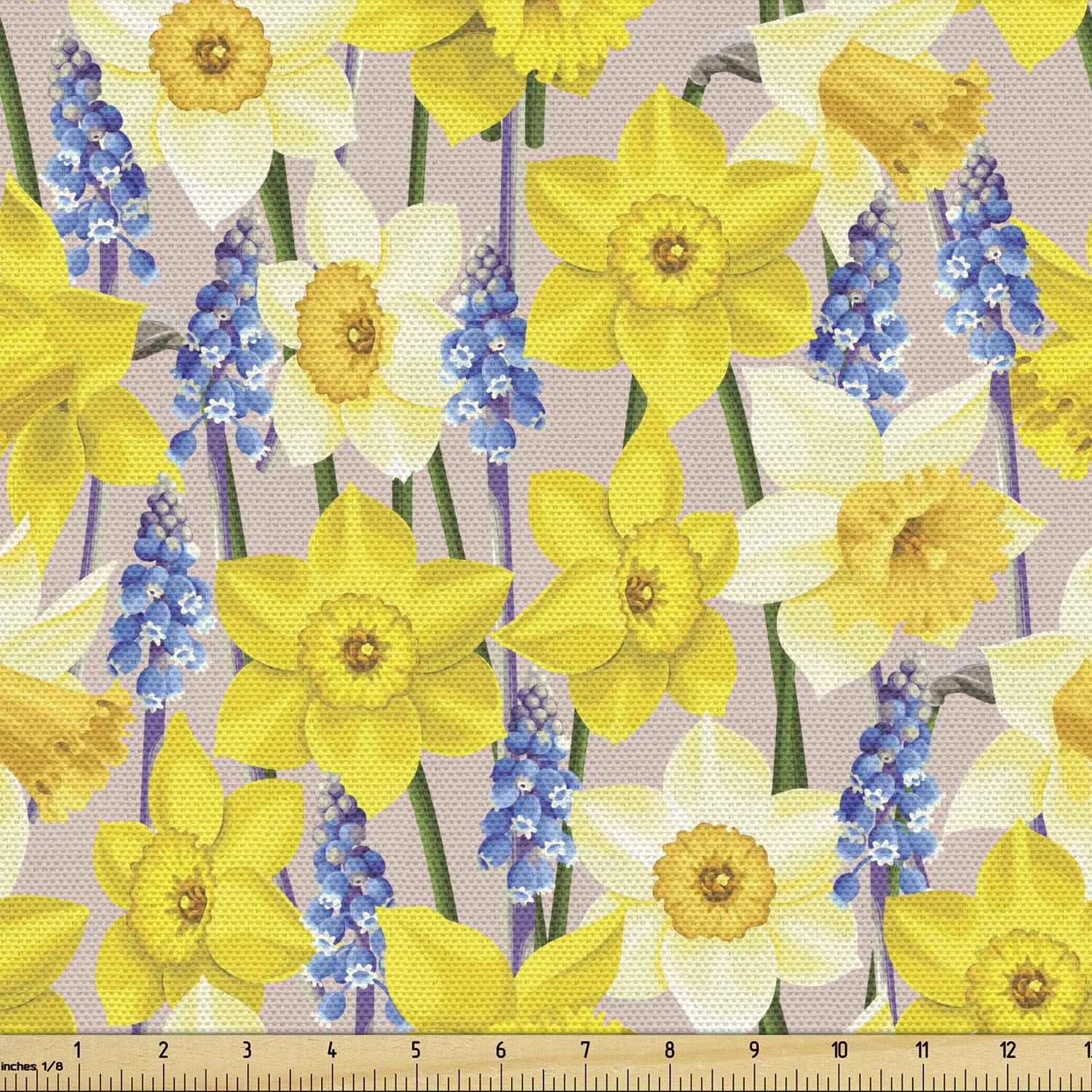 Lunarable Daffodils Fabric by The Yard, Floral Theme with Daffodil and Muscari Blossoms Stems Branches Classic Flourish, Decorative Fabric for Upholstery and Home Accents, 3 Yards, Yellow Blue