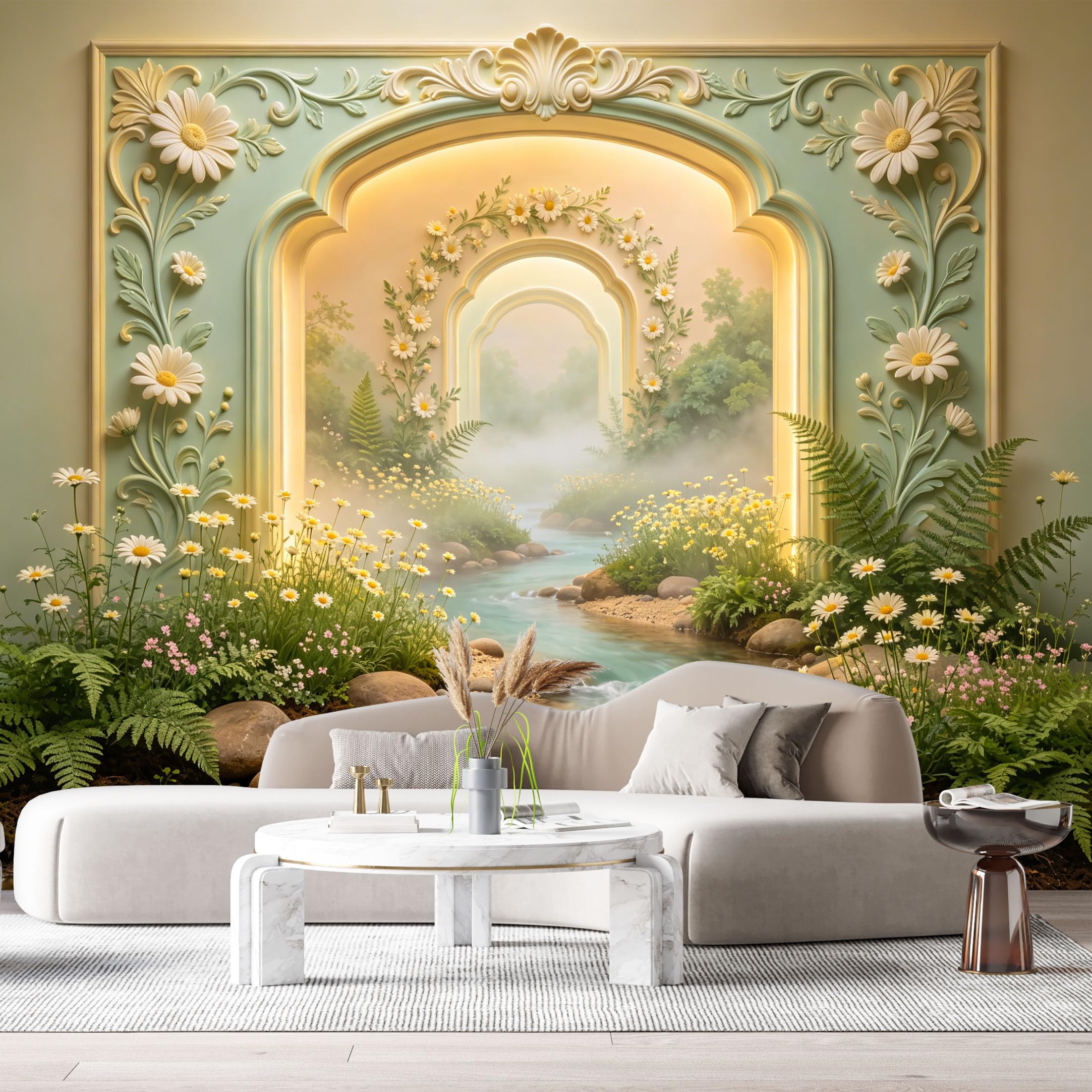 Custom Size Wall Murals Botanical Archway Floral River 3D Trompe L'Oeil SelfAdhesiveWall Fabric Removable Wallpaper Wall Decor for Living Room Bedroom Bathroom