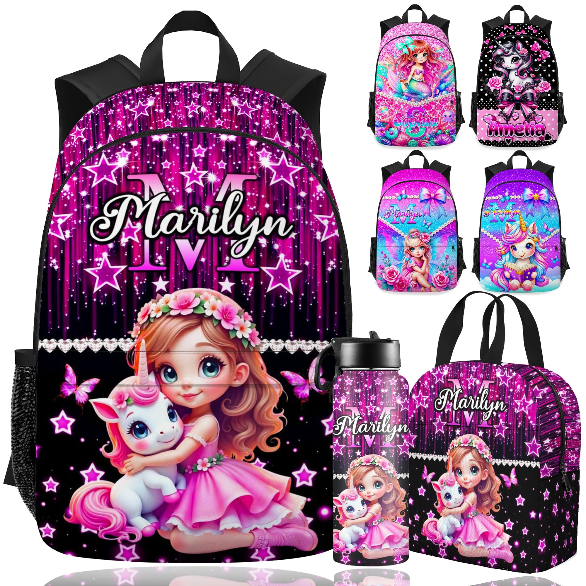 Artsadd Custom Kids Backpack with Lunch Box Set, Personalized Name School Bags Bookbag Lunch Bag for Boys Girls (Design 54)