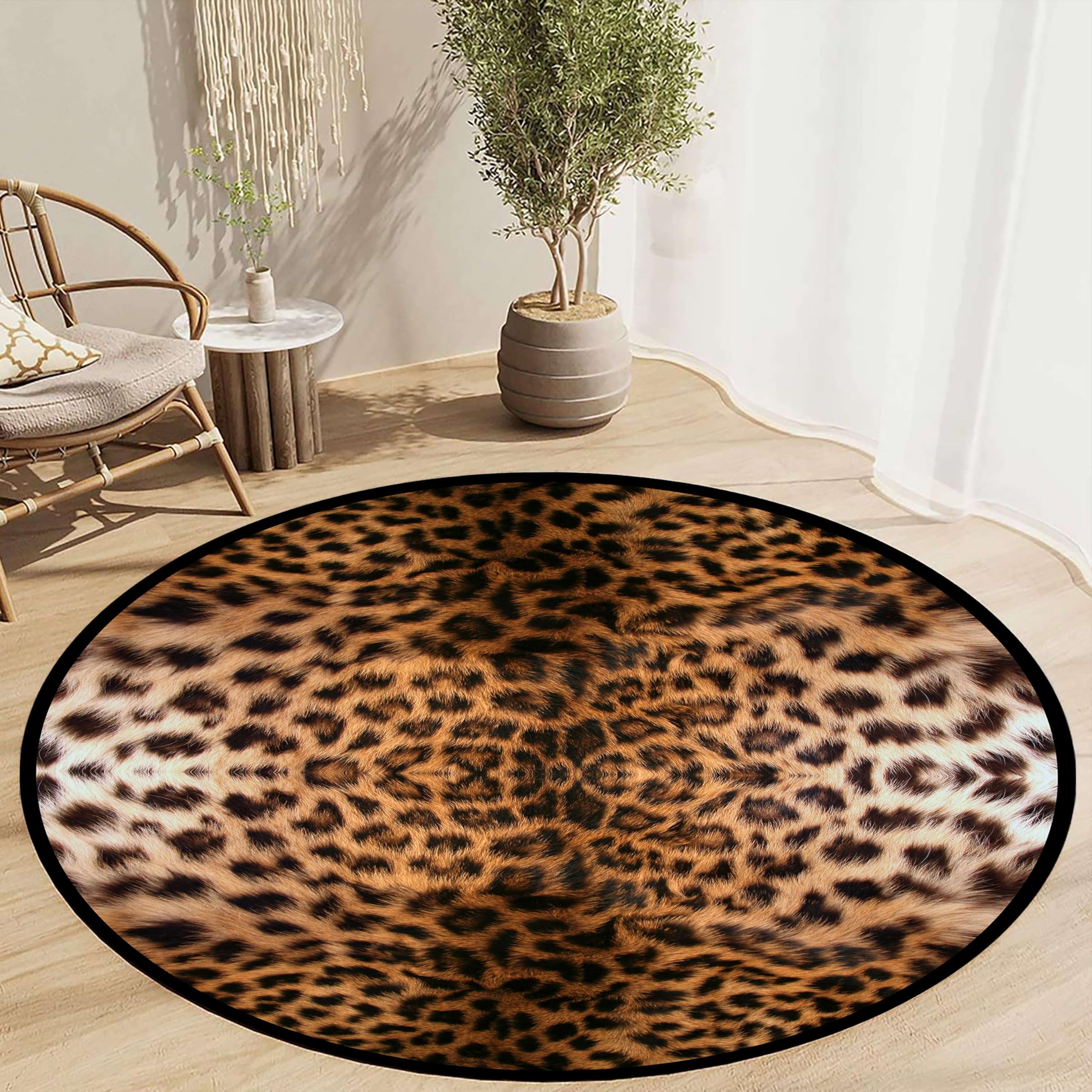 Arzunsy Leopard Print Round Area Rug 60cm, Animal Pattern Non-Slip Circle Carpet, Durable Low Pile Mat for Indoor & Outdoor Use in Bedroom, Living Room, Study