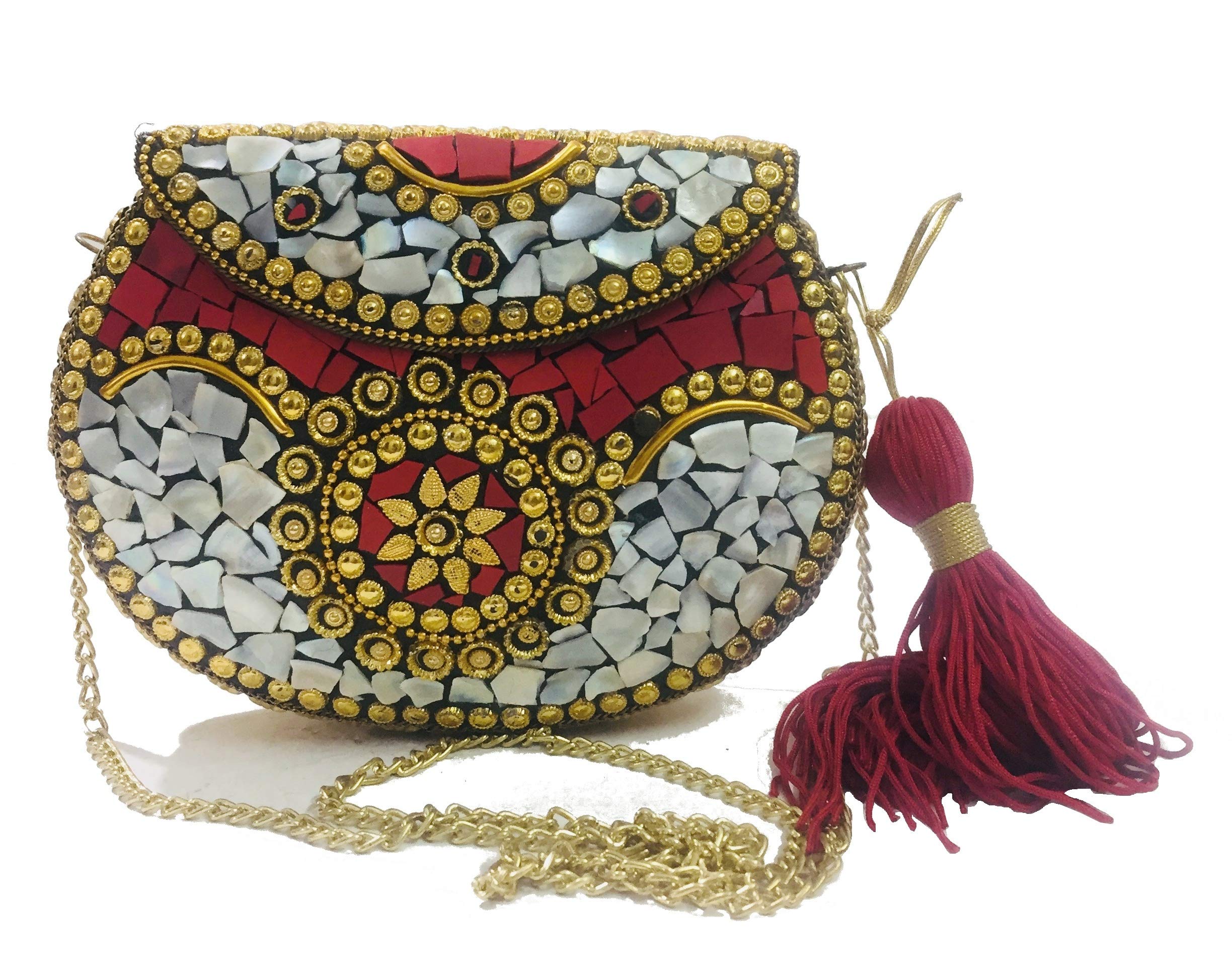 Trend Overseas Red Shell bag metal clutch Indian Ethnic Metal Bag mosaic clutch Antique Wallet purse party bag for women Wedding Box Bridal bag (B07VSZNQSV) Amazon Price History, Amazon Price Tracker
