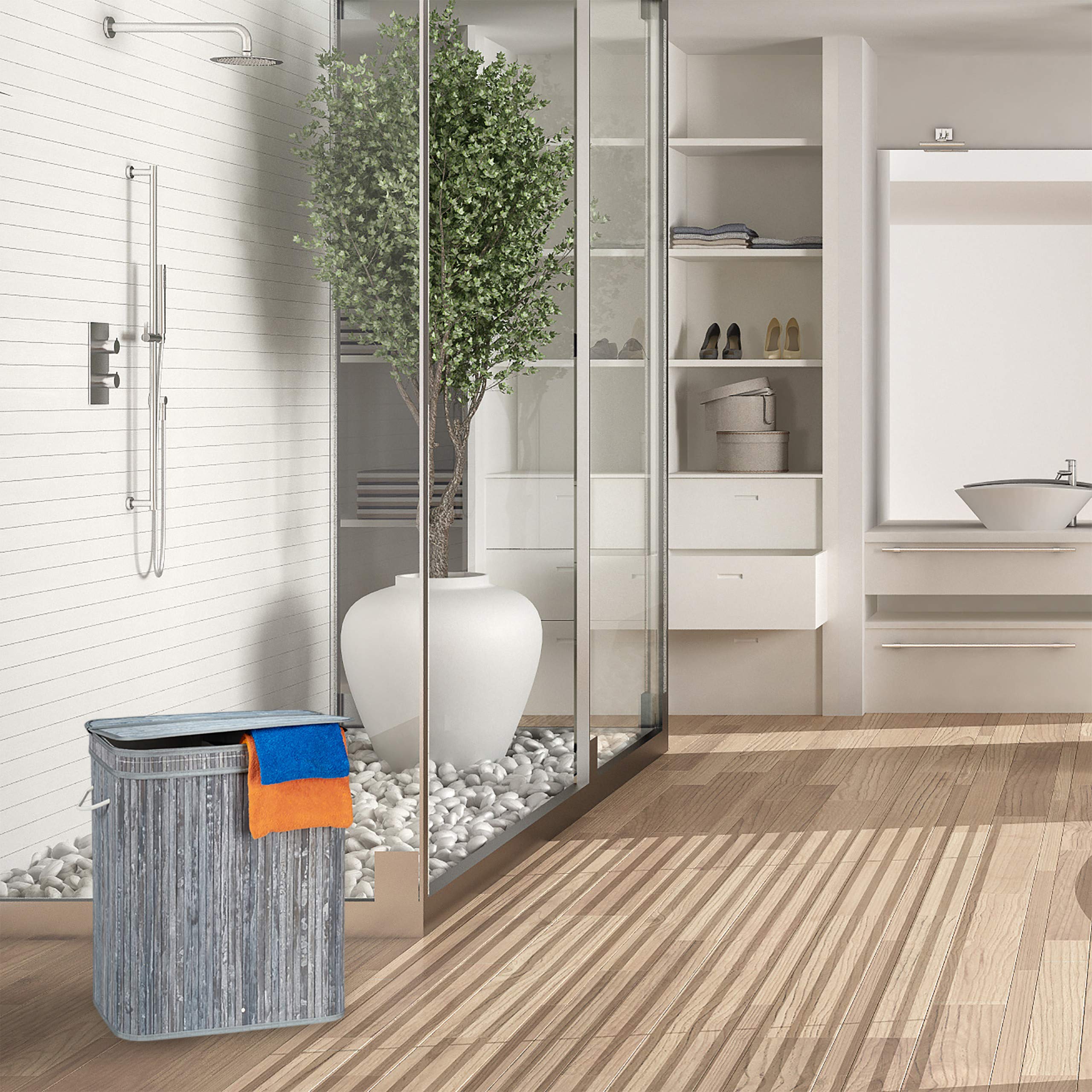 Relaxdays Wäschekorb Bambus, rechteckiger Wäschesortierer, 2 Fächer, mit Klappdeckel, platzsparend faltbar, 95 l, grau
