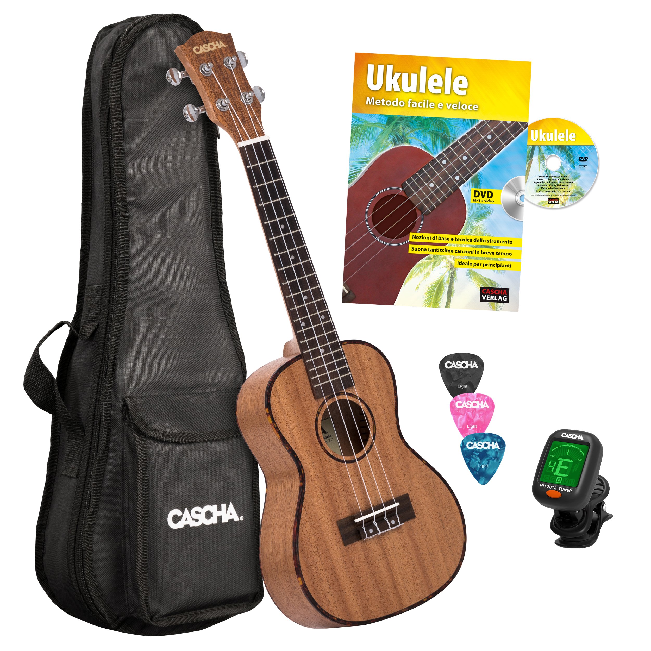 Cascha Konzert Ukulele Set I Ukulele Starter Kit mit 3 Plektren Tasche Stimmgerät & italienischem Lehrbuch I Konzert Ukulele Mahagoni I Kleine Hawaii Gitarre für Anfänger & Fortgeschrittene