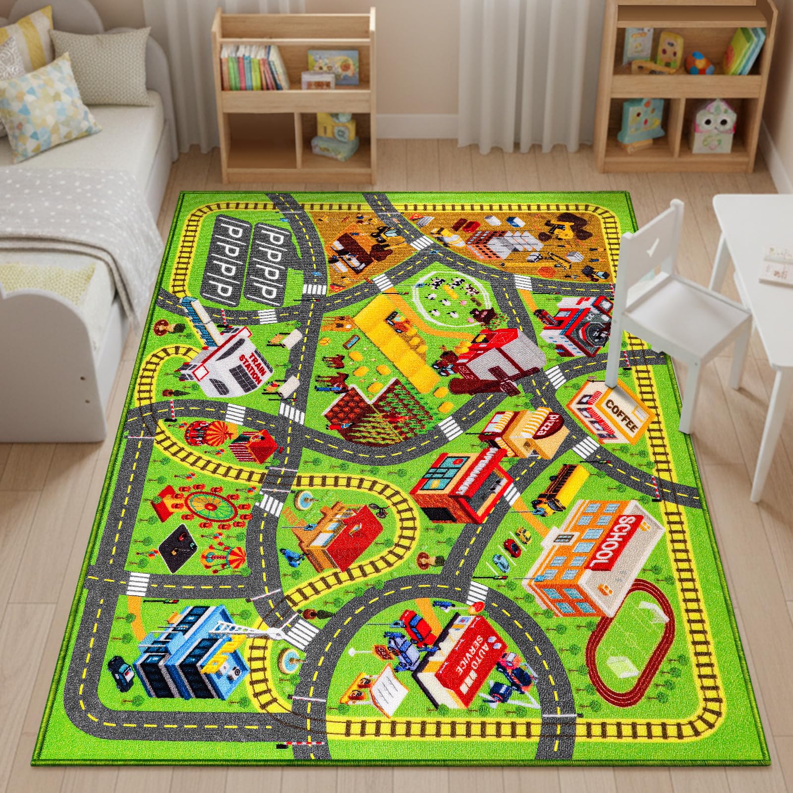 Spielteppich Kinder – Autoteppich mit Straßenmotiv, rutschfeste Spielmatte für Autos & Lastwagen, Kinderteppich für Spielzimmer, Schlafzimmer, Straßenteppich für Jun (3D-Straßenszene, 200X135 CM)