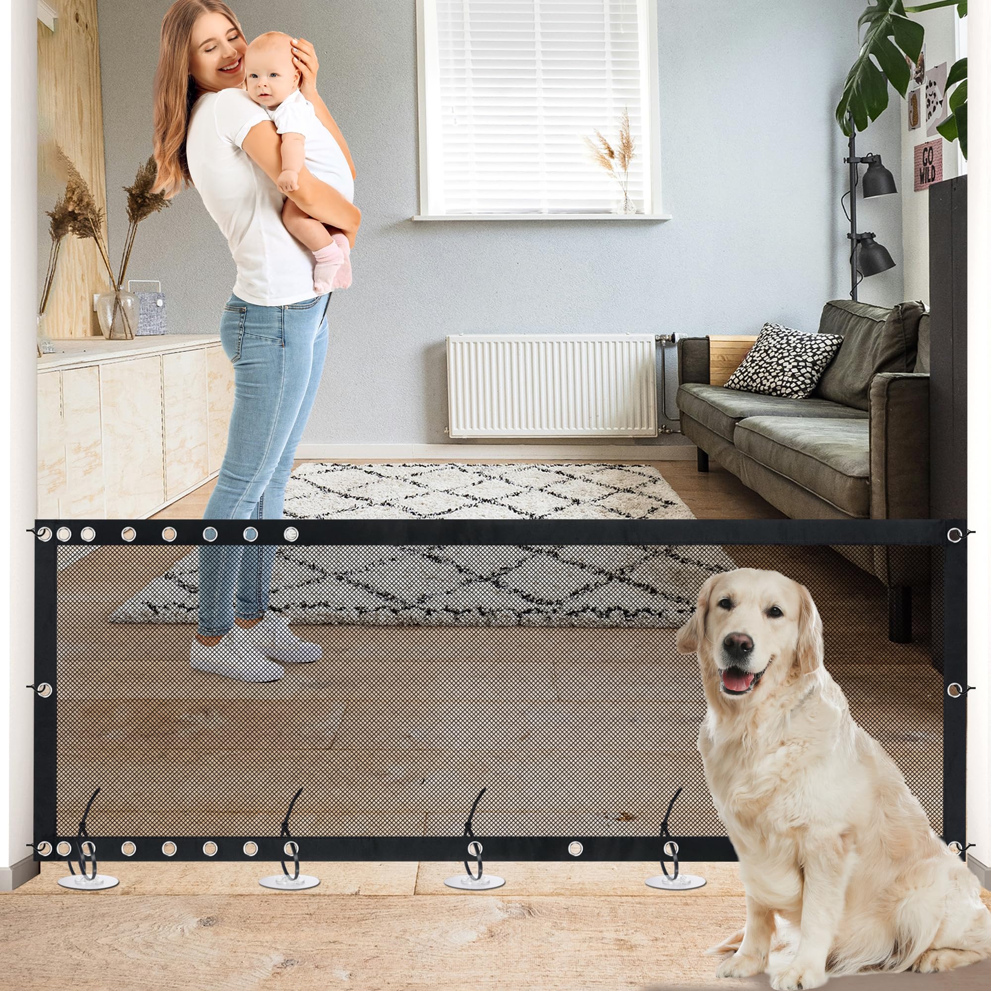 NWK Magic Dog Gate for Stairs Pet Gate for The House Providing a Safe Enclosure for Pets to Play and Rest, 6 Hooks Design (120'' X 30'')