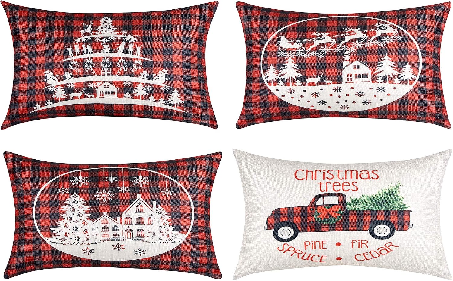 Artmag Christmas Throw Pillow Covers 12x20 Inch,Decorative Outdoor Farmhouse Buffalo Plaid Plad Winter Holiday Christmas Tree Pillow Shams Cases Slipcovers Set of 4 for Couch Sofa