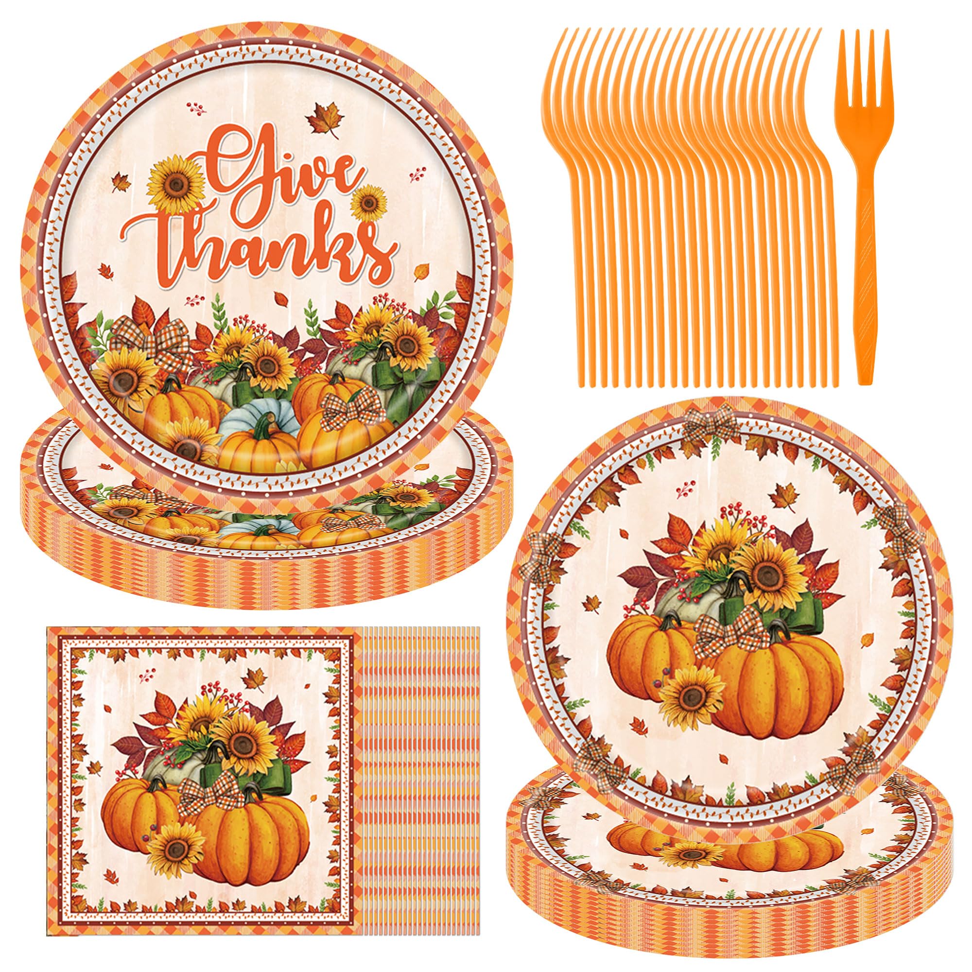 Jestar 96PCS Thanksgiving Plates and Napkins Sets - Disposable Dinnerware with Pumpkin Paper Plates and Napkins Decor for Home