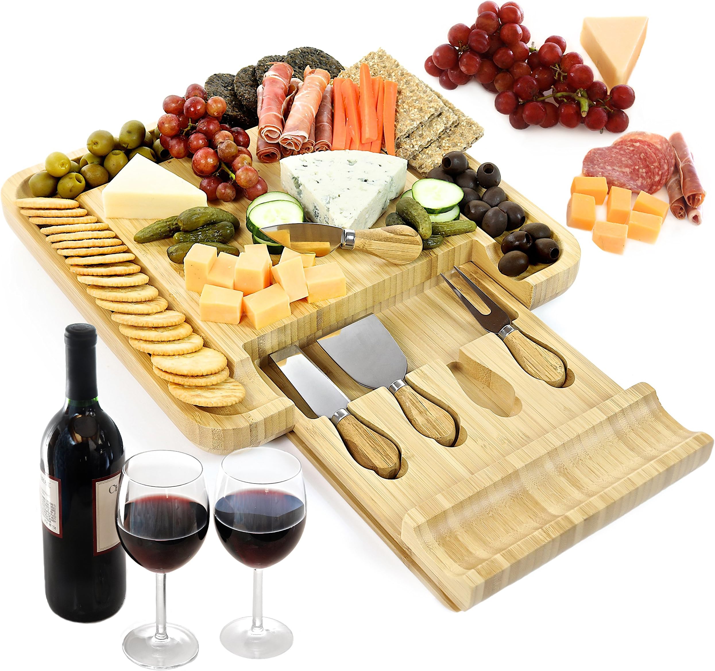 VistalCheese Board and Knife Set, Bamboo Charcuterie Board with Slide-Out Drawer and Stainless Steel Knives