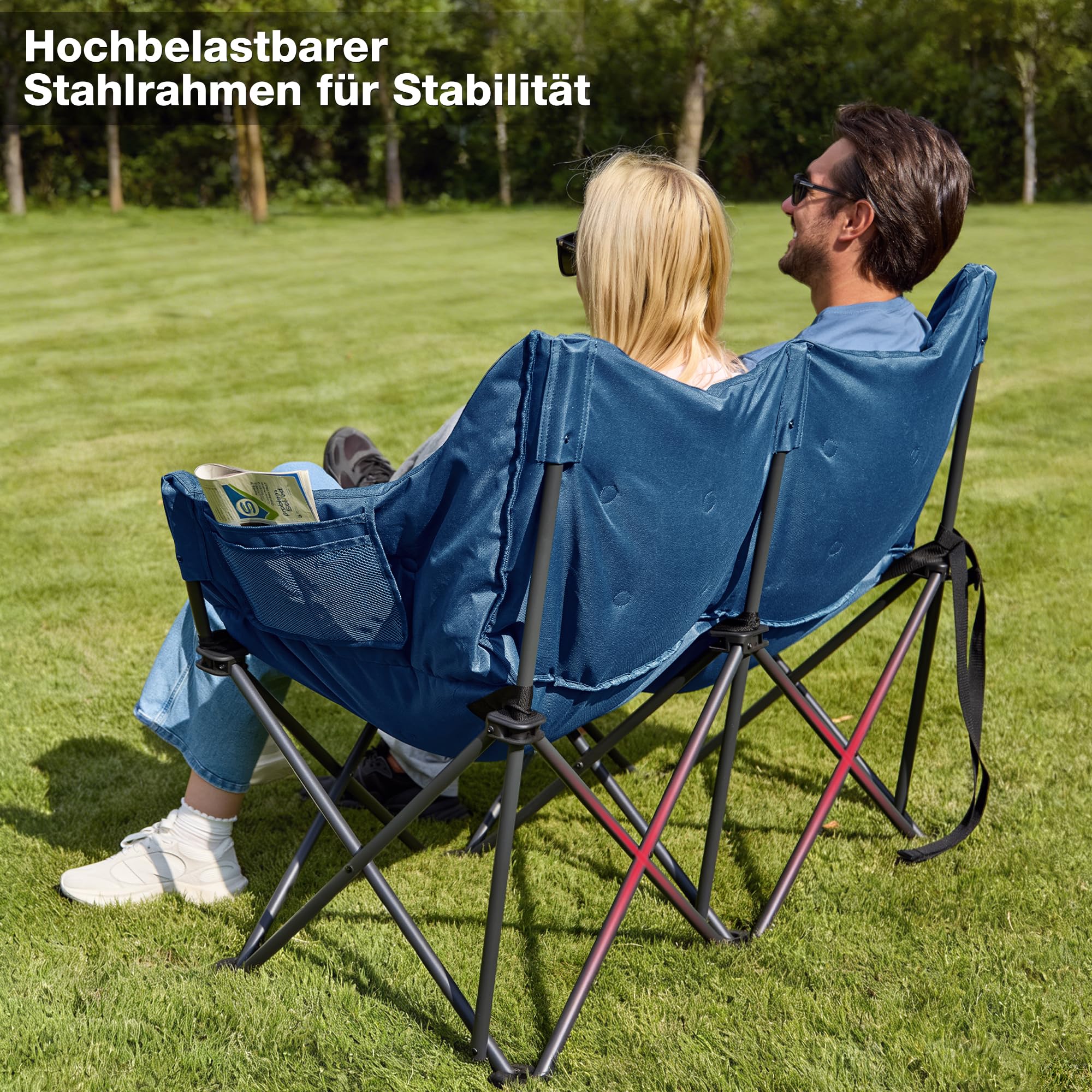 Chaise de camping double pliable, canapé de camping pour 2 personnes, taille XXL | Canapé de camping rembourré, banc de camping pliable, avec 2 places, jusqu'à 320 kg, pour extérieur, jardin, balcon, bleu