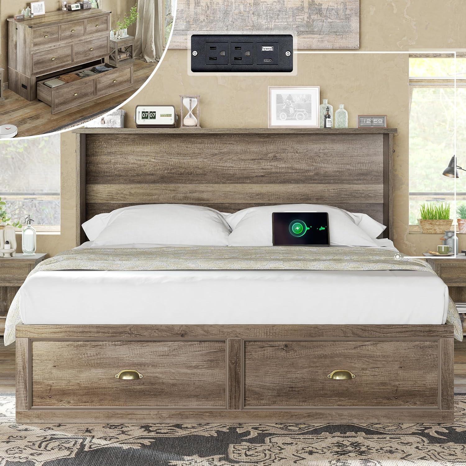 AMERLIFE Queen Size Murphy Bed with Folding Mattress, Farmhouse Wooden Cabinet with Charging Station and Storage Drawer for Bedroom/Office/Guest Room, Grey Oak