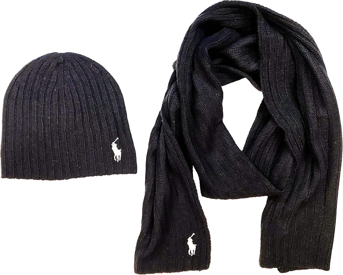 Men's 2 Piece Set Hat & Scarf Black Lambswool Blend