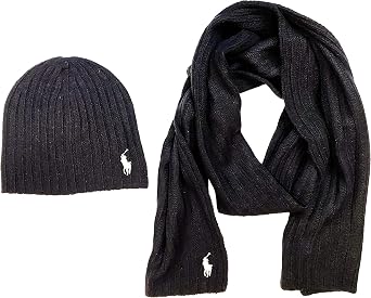 Polo Ralph Lauren Mens 2 Piece Set Hat & Scarf Black Lambswool Blend