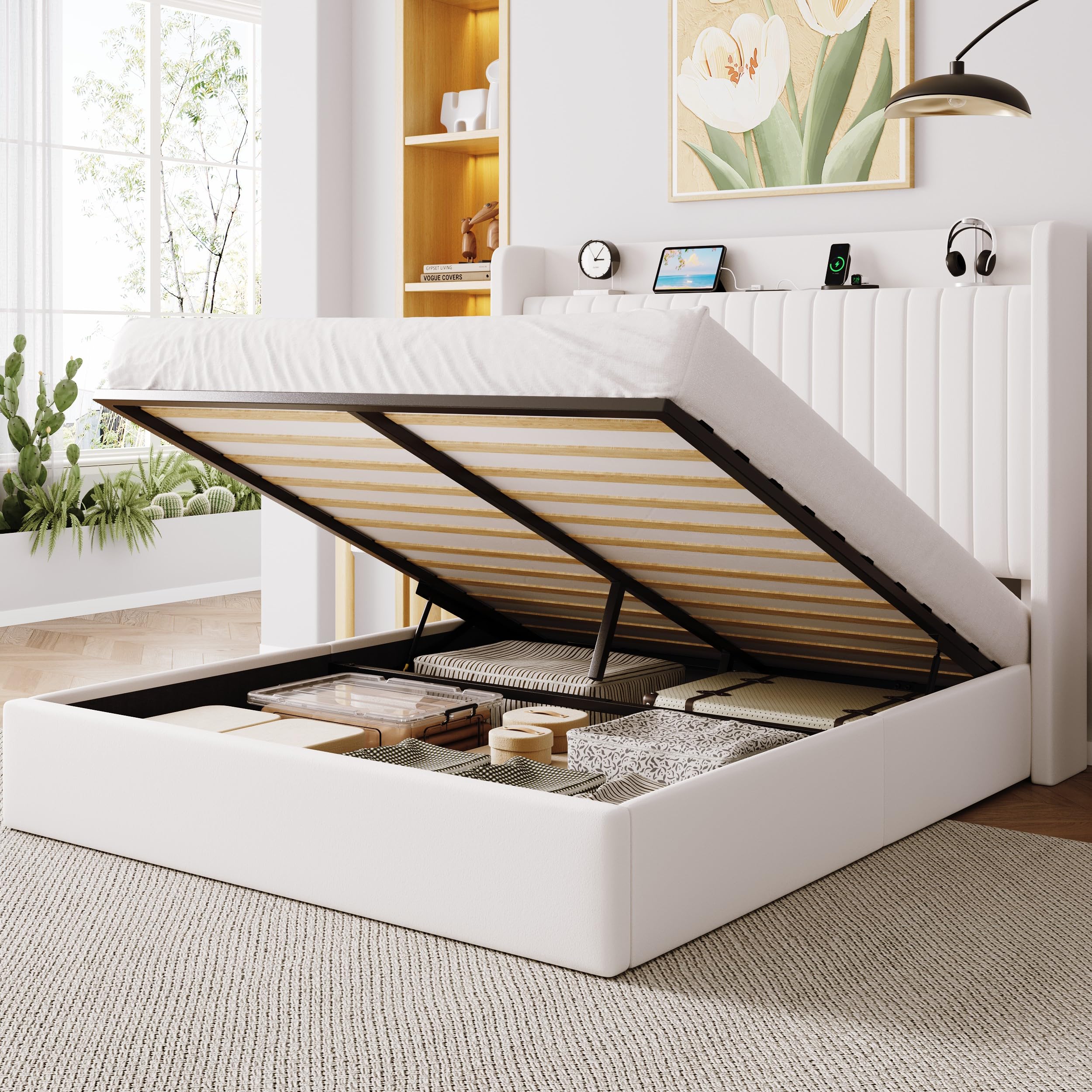 Allewie Full Size Lift Up Storage Bed Frame,Storage Shelf Headboard with Charging Station,Type-C and USB Ports,Hydraulic Support,Velvet Upholstered