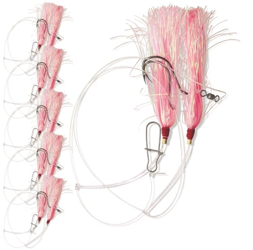 Uncle Mos Tackle - 5 Pack Fluke Flounder Hey Now Killer Hi-Lo Rig Pink Mylar Teaser for SaltwaterBKK Black Size 3/0 Octopus Hook-30lb Heavy Duty Mono 2ft Long-Black Duo-Lock Snaps-Hand Tied