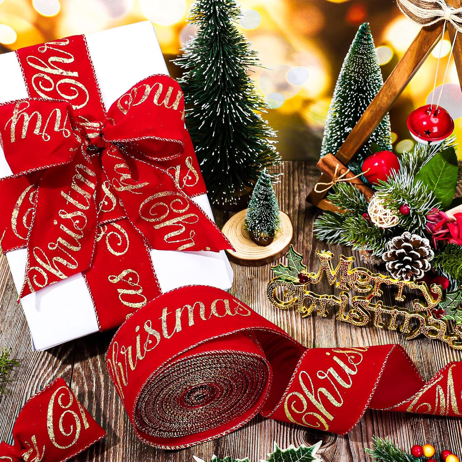 Whaline 2 Roll Merry Christmas Velvet Wired Edge Ribbon 2.5 Inch 50 Yards Red Gold Glitter Xmas Tree Velvet Wired Ribbon for Bow Wreath Craft Gift Wrap Holiday Home Decor