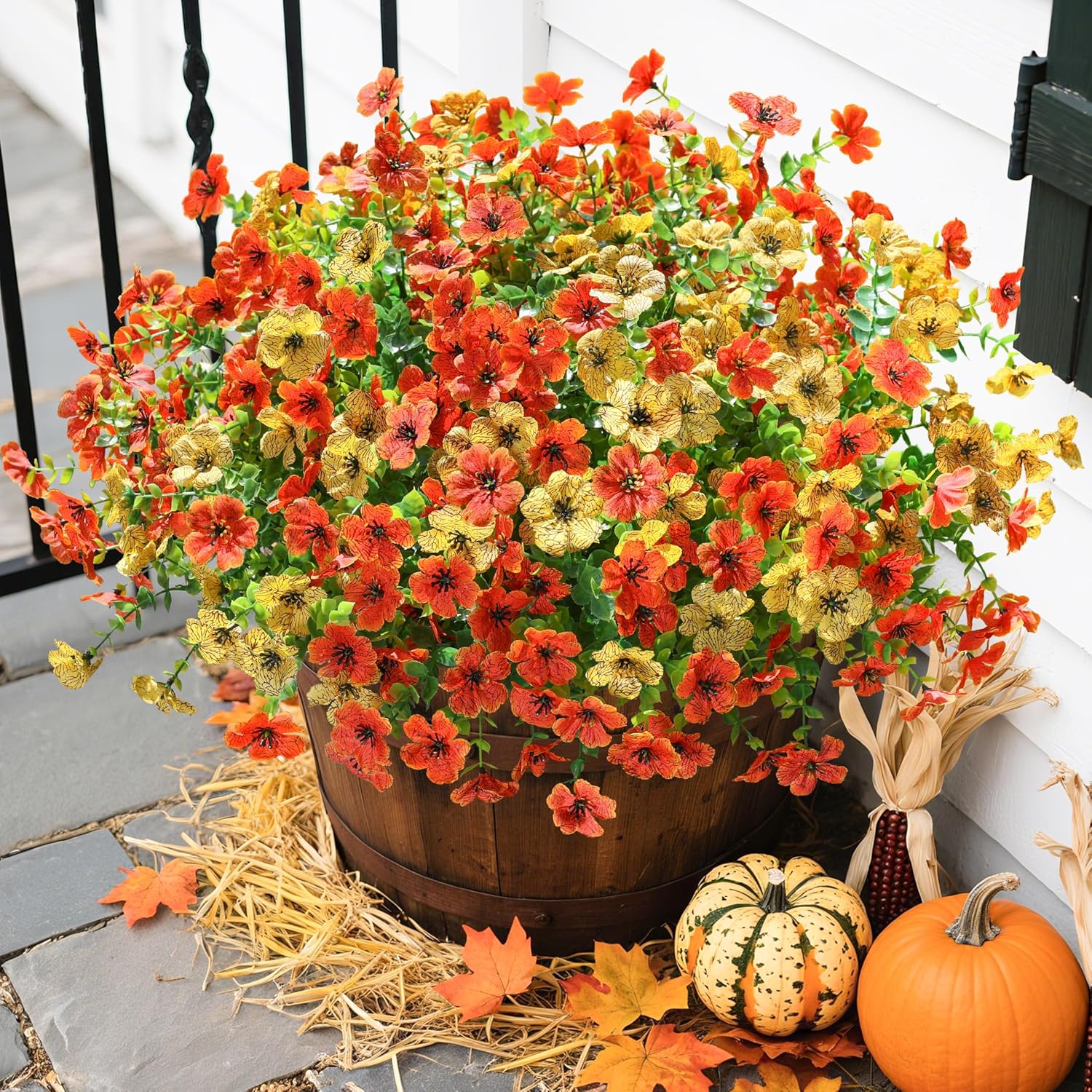 Artificial Fall Flowers Fake Mums for Outdoor Autumn Decoration, 12 Bundles Faux Silk Orange Yellow Mums Daisy Look Real UV Resistant for Outside Home Porch Patio Planter - Image 6