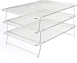 Tebery Lot de 3 grilles de refroidissement pliables et empilables en acier inoxydable 304 42 x 30,5 x 22 cm Retrait facile des gâteaux Surface de refroidissement ultra large Argenté
