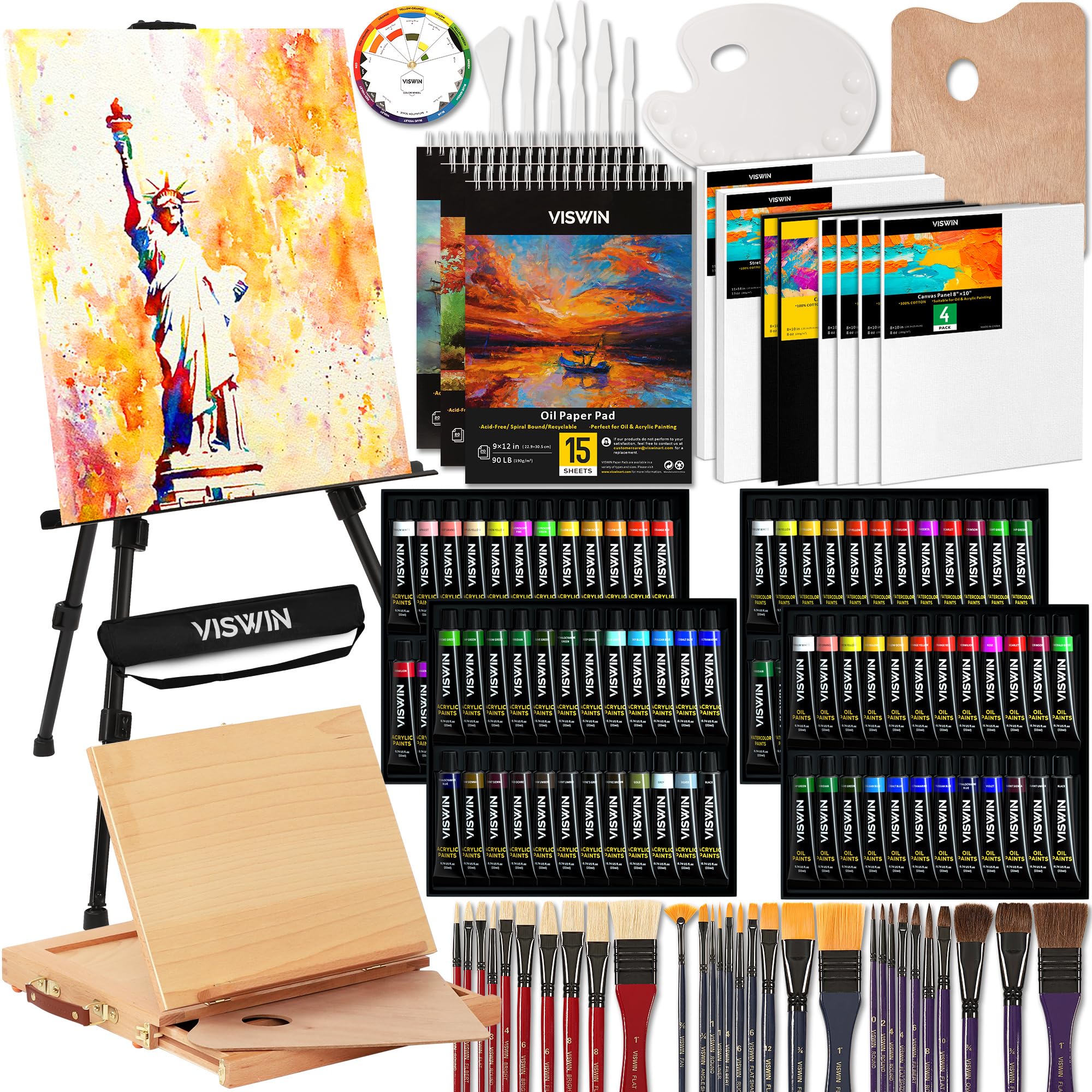 VISWIN 151Pcs All-in-One Art Painting Kit with Aluminum & Beech Wood Easel, 96 Acrylic, Watercolor & Oil Paint Set, Canvases, Painting Set with Complete Art Supplies for Adults, Artists, Beginners