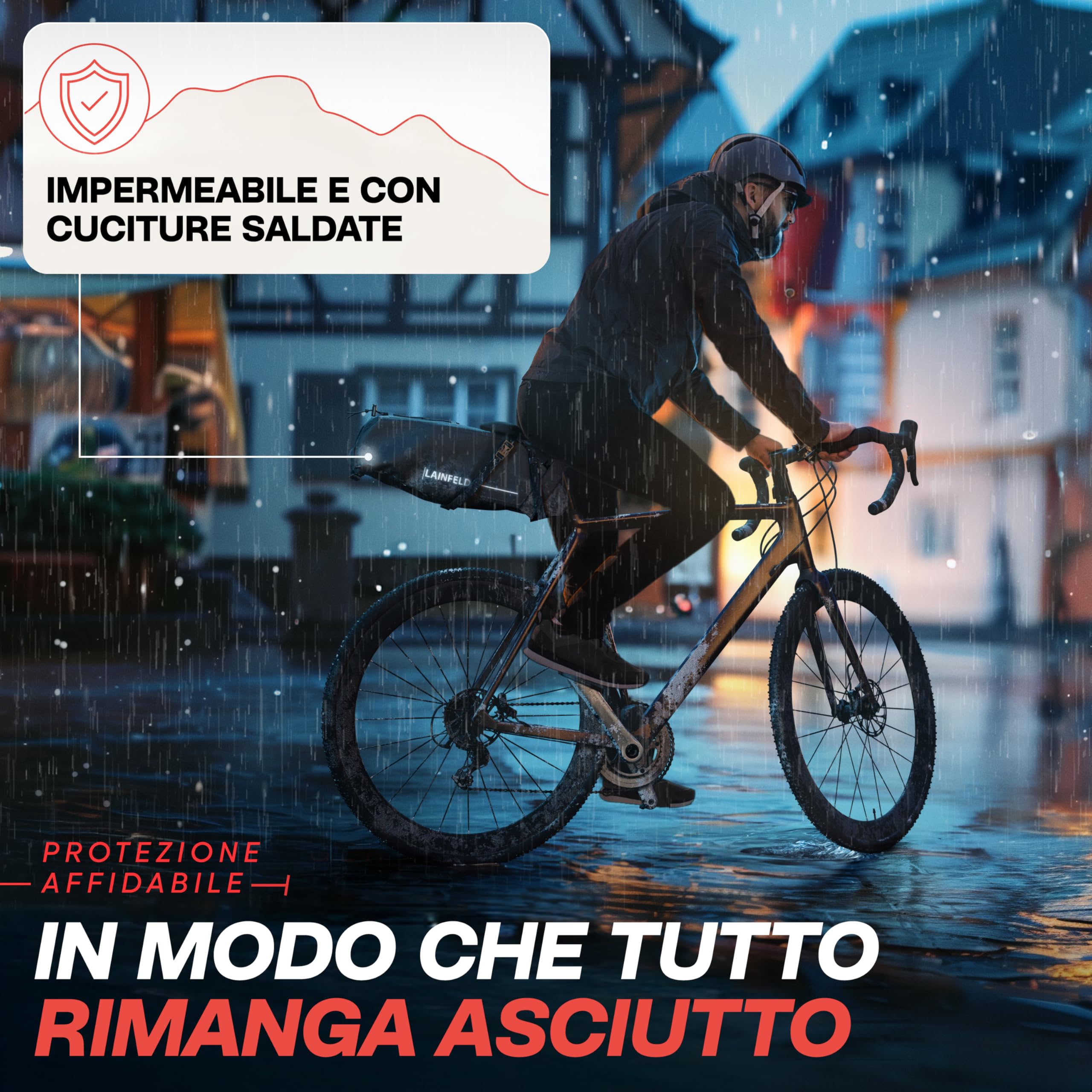 LAINFELD Borsa da sella per bicicletta [10 litri] | 100% impermeabile | stampa riflettente – Bike Packing E-Bike MTB Gravel Bike Bici da corsa Borse | Accessori per bicicletta elettrica, MTB, ghiaia e bici da corsa, borsa impermeabile