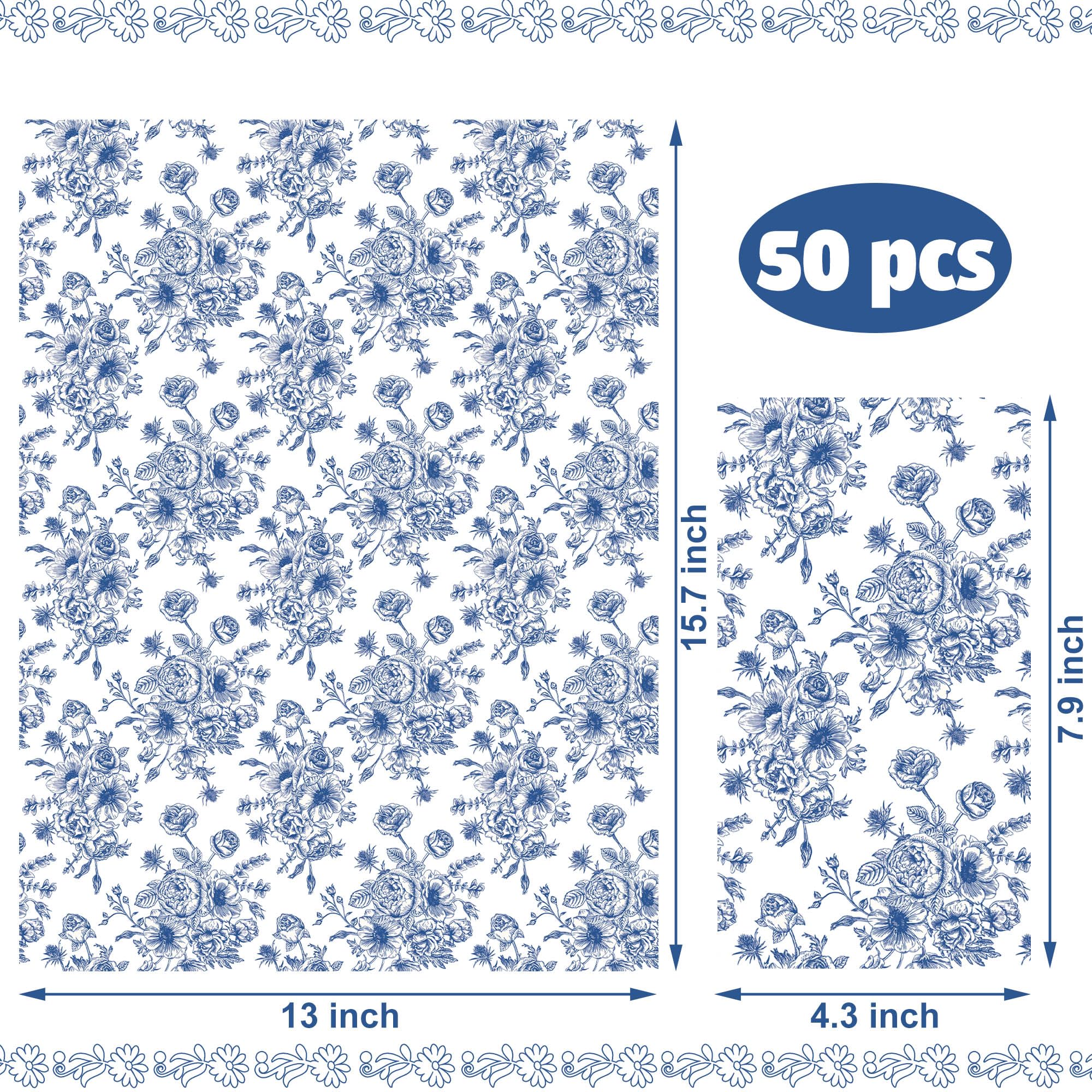 Papierservietten Mit Blauem Blumenmuster – 50 Stück, 3-lagig, 33x40 Cm, Für Hochzeit, Geburtstag & Partys