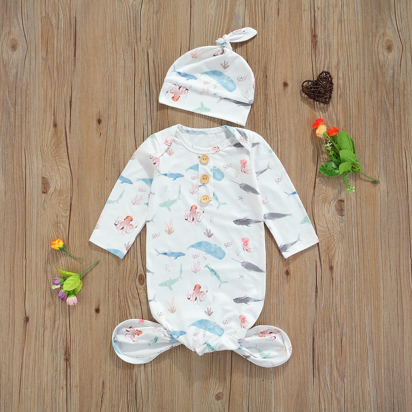 Infant Newborn Baby Boys Sleep Gown Headband Sleepwear Romper Sleeping Bags Outfits (Sea Animal, 0-3 Months)