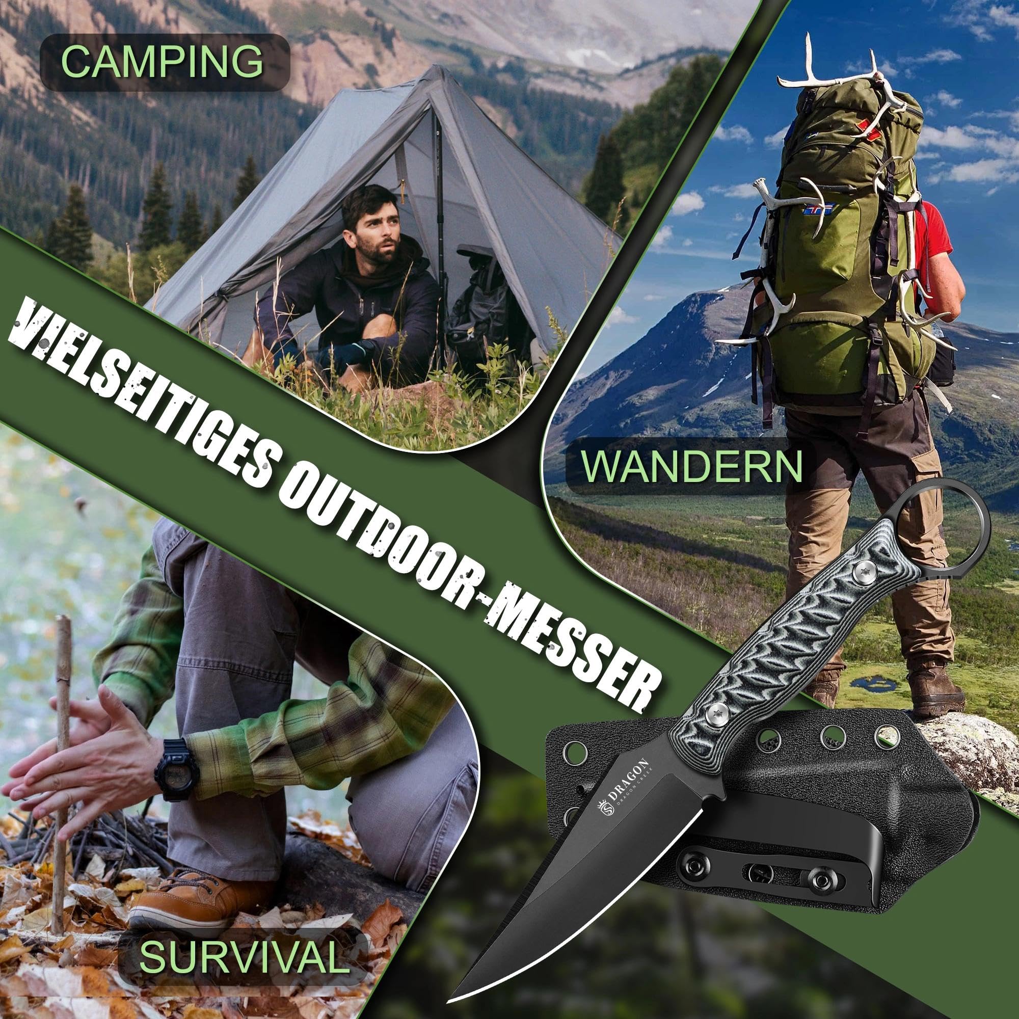 Dragon Creek Feststehendes EDC-Messer, ausgestattet mit Kydex-Scheide und Taschenclip Die einteilige Vollkonstruktion eignet sich für Outdoor, Camping, und Wandern(Grey)