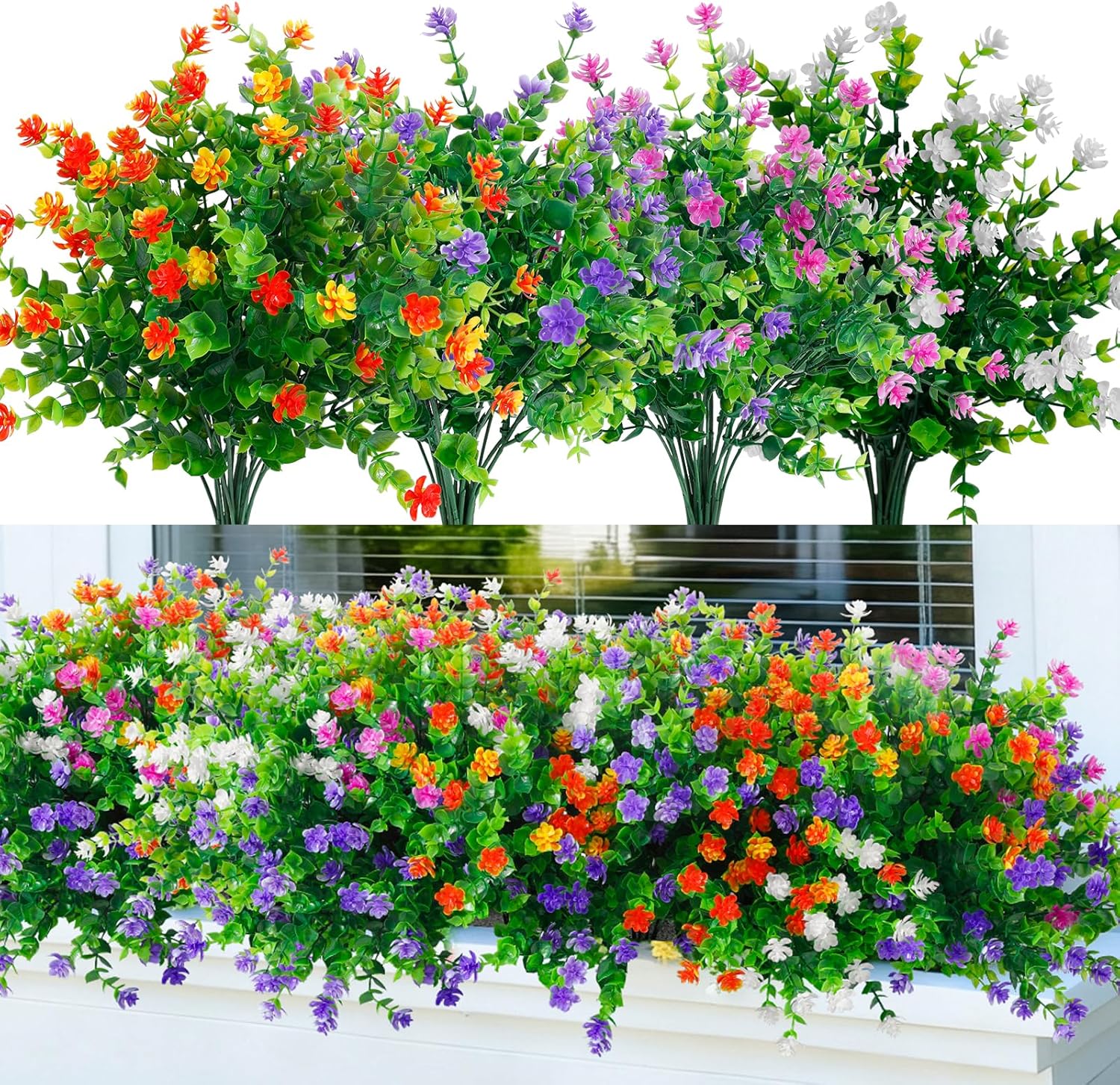 dallisten 12 Bundles Artificial Flowers for Outdoors, UV Resistant Fake Plants Shrubs, Realistic Faux Plastic Flowers for Hanging Planters Porch Patio Garden Window Box & Home Décor(4 Multiple Color)