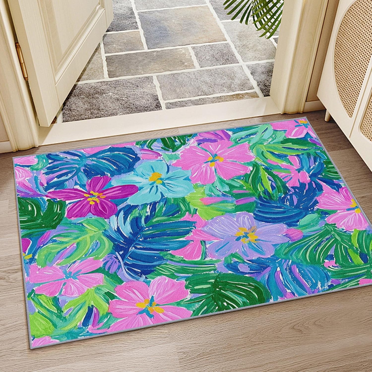 Tropical Floral Rug for Entryway Indoor - 2x3ft - Bright Colorful Flower Washable Small Rug for Bedside Bedroom Kitchen - Floral Door Mat - Kids Nursery Floor Mat