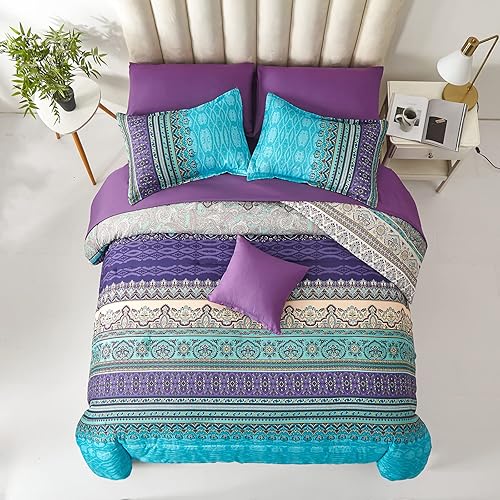 Miniatura 4 de Cottolester Juego de Edredón Bohemio Tamaño King de 8 Piezas Cama en una Bolsa Ropa de Cama Bohemia a Rayas Juego de Edredón Floral Paisley