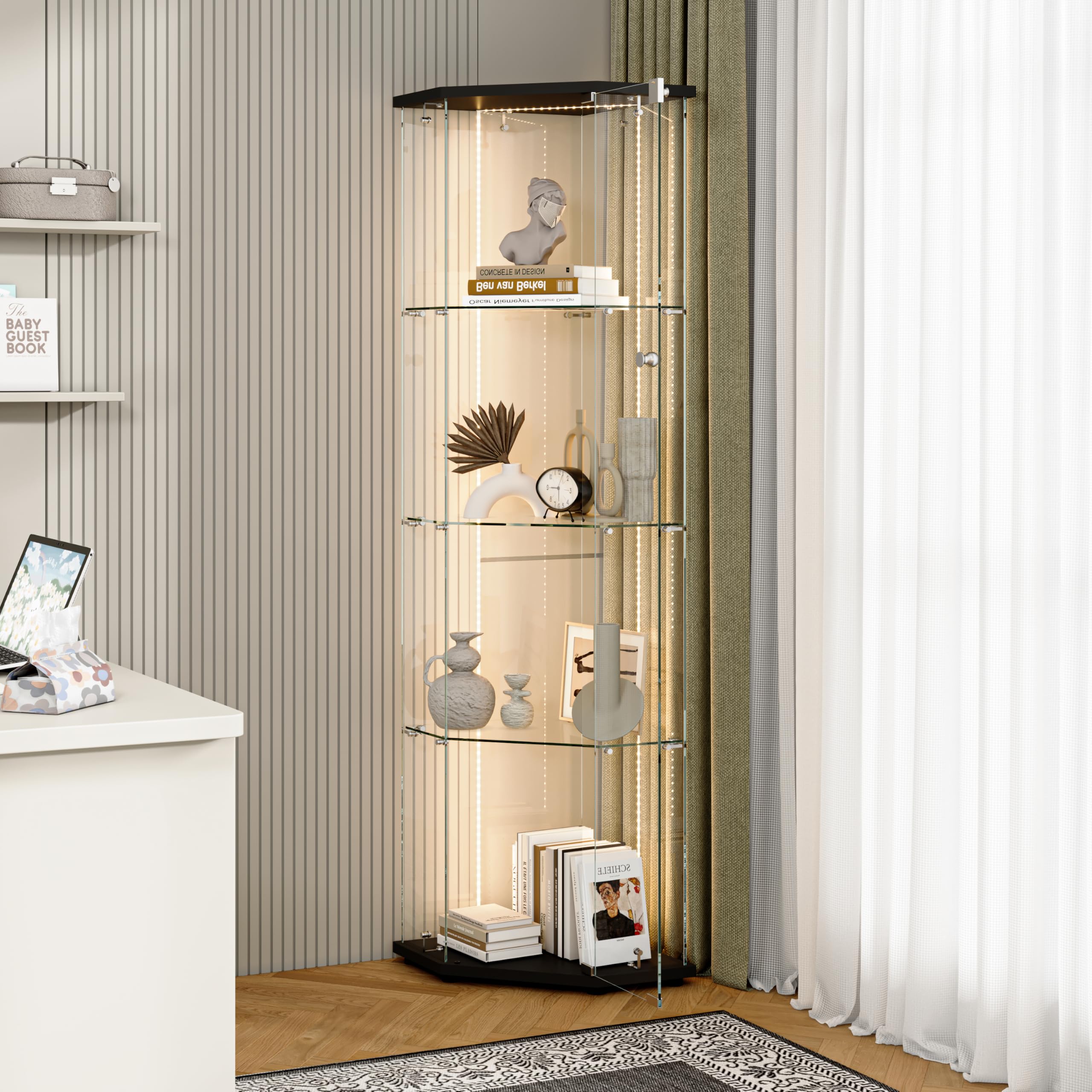 LSFYYDS Corner Glass Display Cabinet with LED Strip Lighting, Freestanding Modern Curio Display Unit for Collectibles, Books & Wine Storage, 4 Glass Shelves, Lockable Door, Black, 162 x 60 x 40 cm