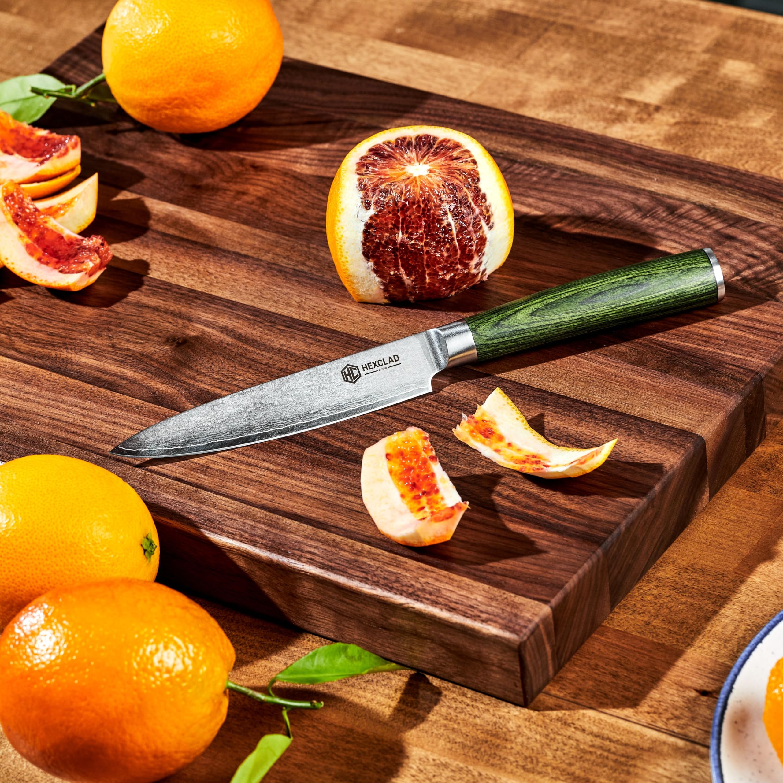 HexClad Utility Knife, 13 cm Japanese Damascus Stainless Steel Blade Full Tang Construction, Pakkawood Handle