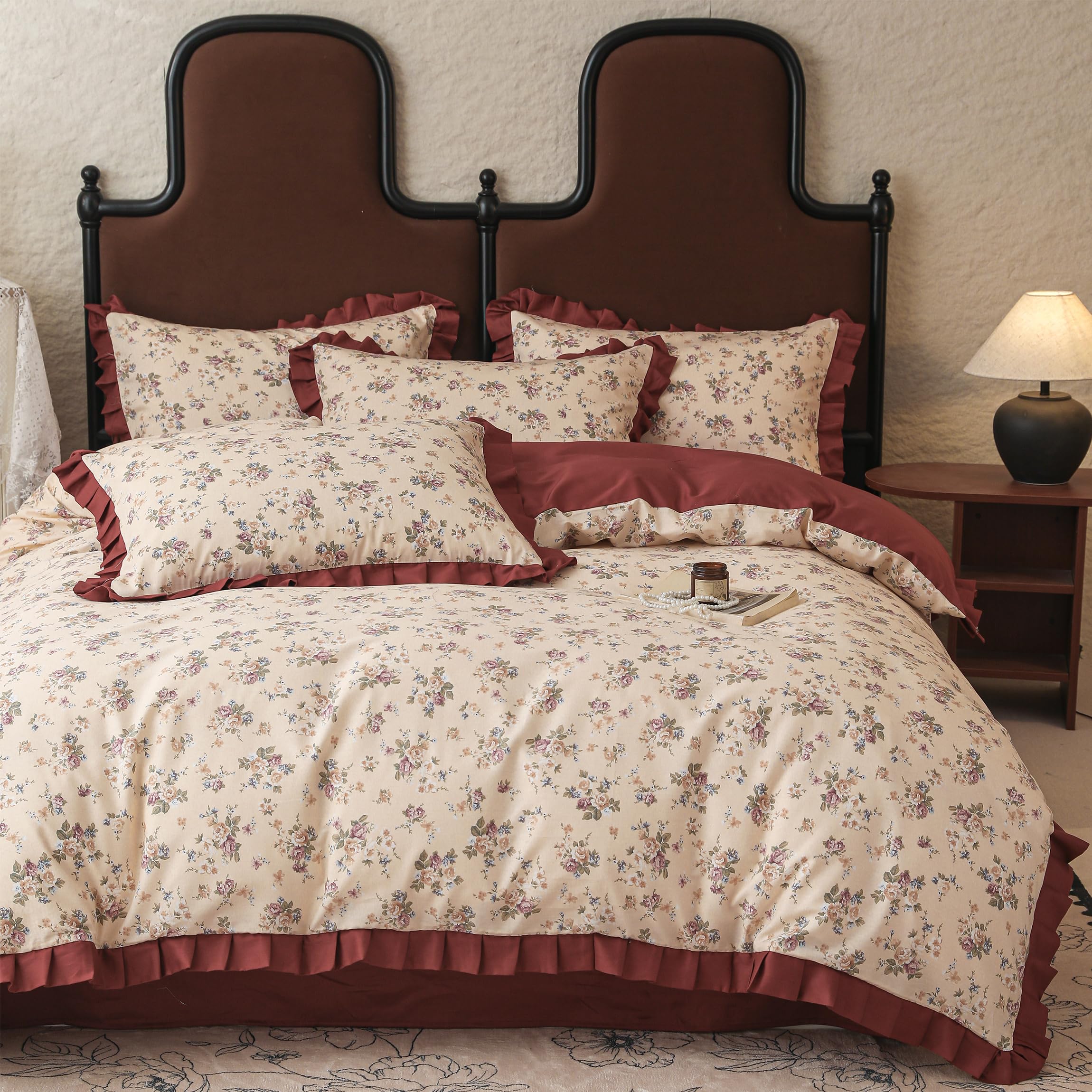 Elegant Blumen Bettwäsche 135x200 Baumwolle Bettbezug Blumenmuster Weinrot Rüschen Bettwäsche für Mädchen Damen Blumen Bettbezug mit Rüschen Deckenbezug mit 1 Kissenbezug 80x80