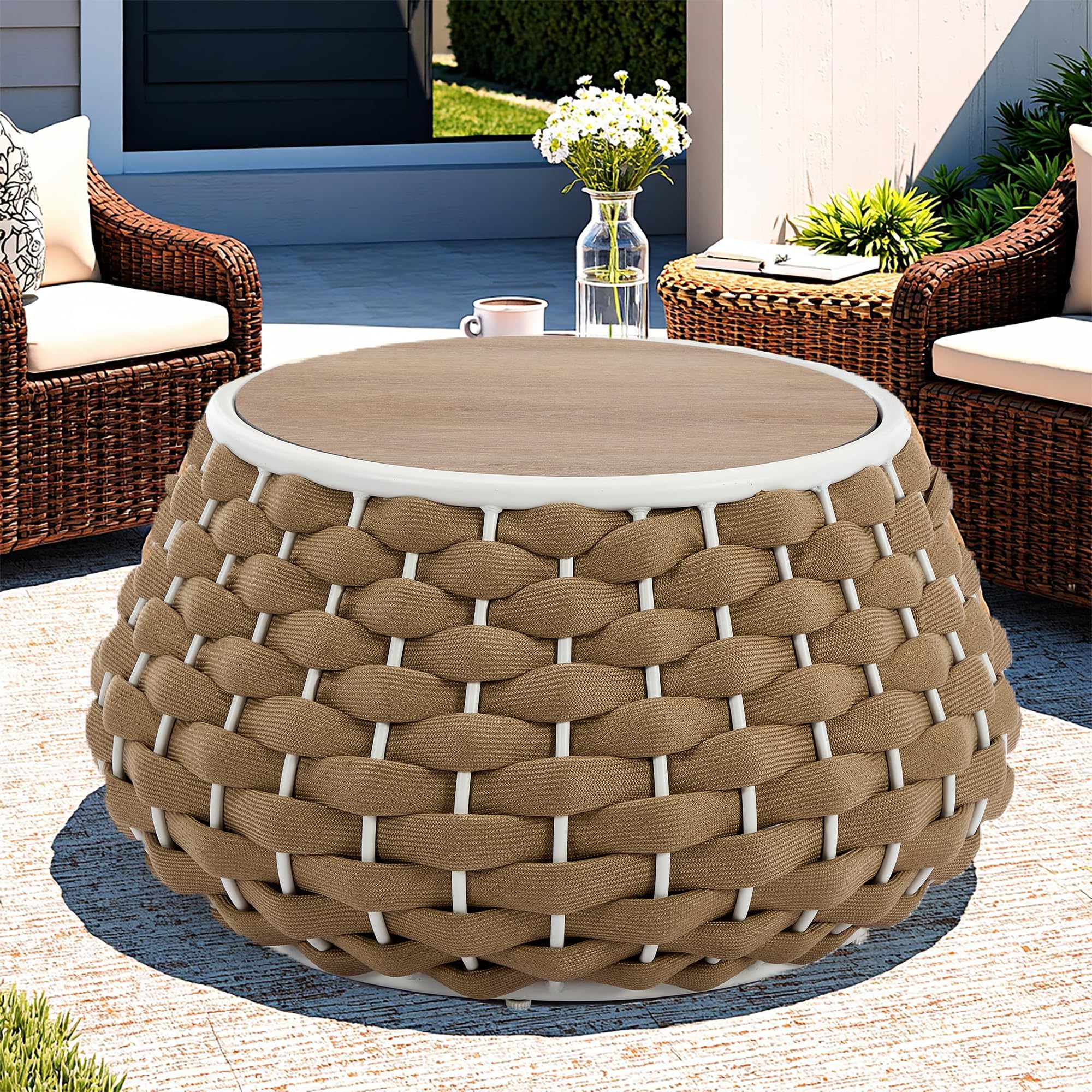 gusohey 30.5 inch Outdoor Side Table, Large Patio End Table with Removable Lid Round Accent Side Tables with Metal Frame and Hollow Out Bottom for