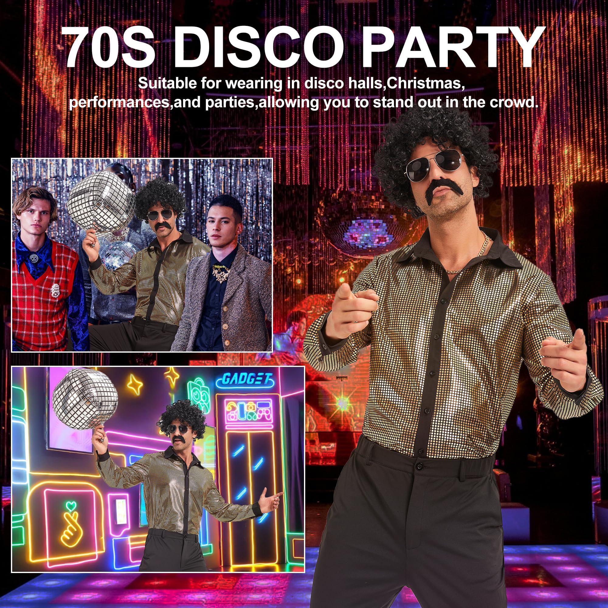 Déguisement Disco Homme,Deguisement Année 70 Homme,Chemise Tenue Disco Homme Costume de Carnaval
