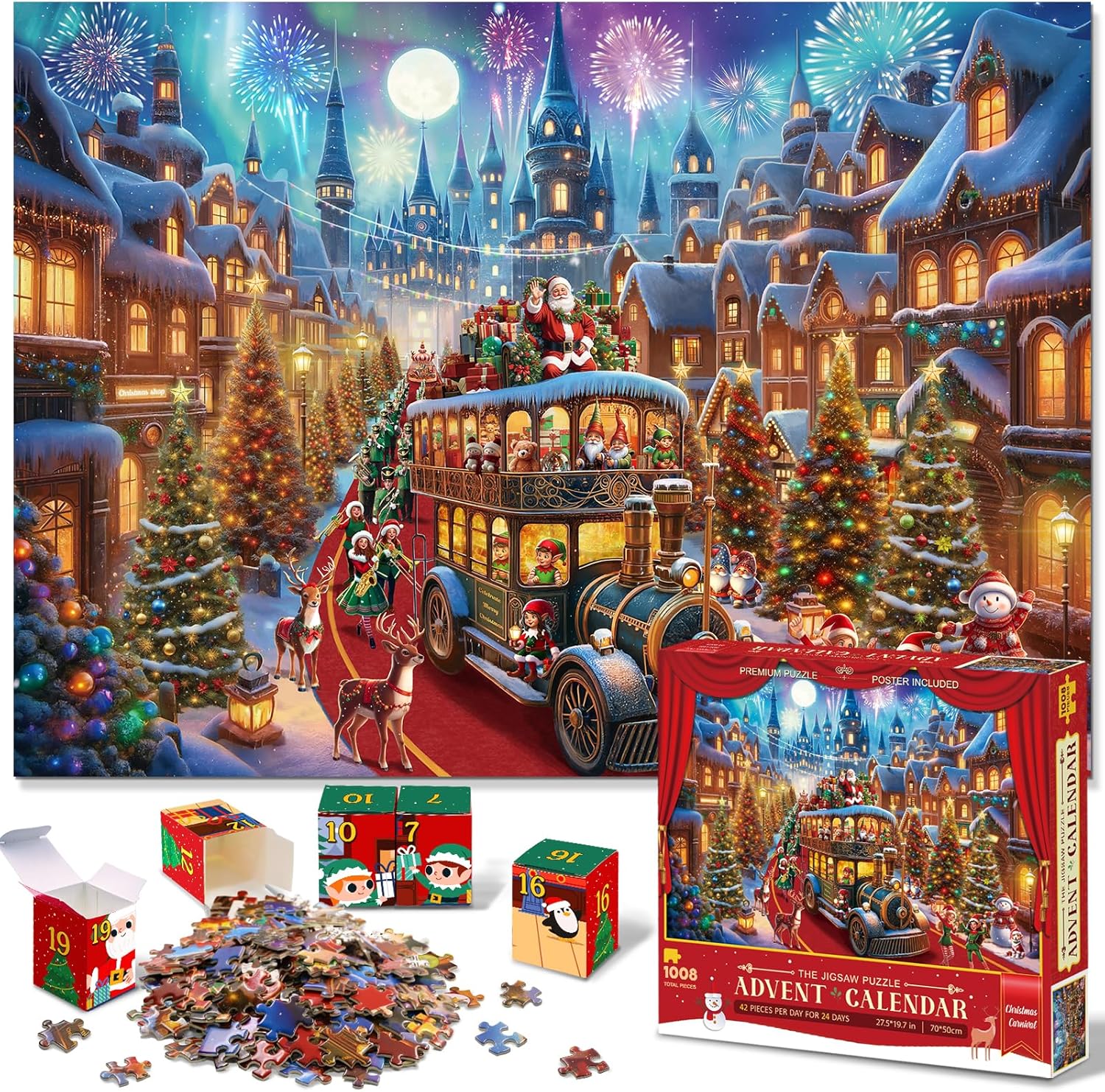 Jigsaw Puzzle Advent Calendar 2024 Christmas Puzzles for Kids and Adults 1008 Pieces Puzzles in 24 Boxes for Countdown Christmas Gifts for Boys Girls Men Women - Christmas Carnival(27.56 x 19.68 Inch)
